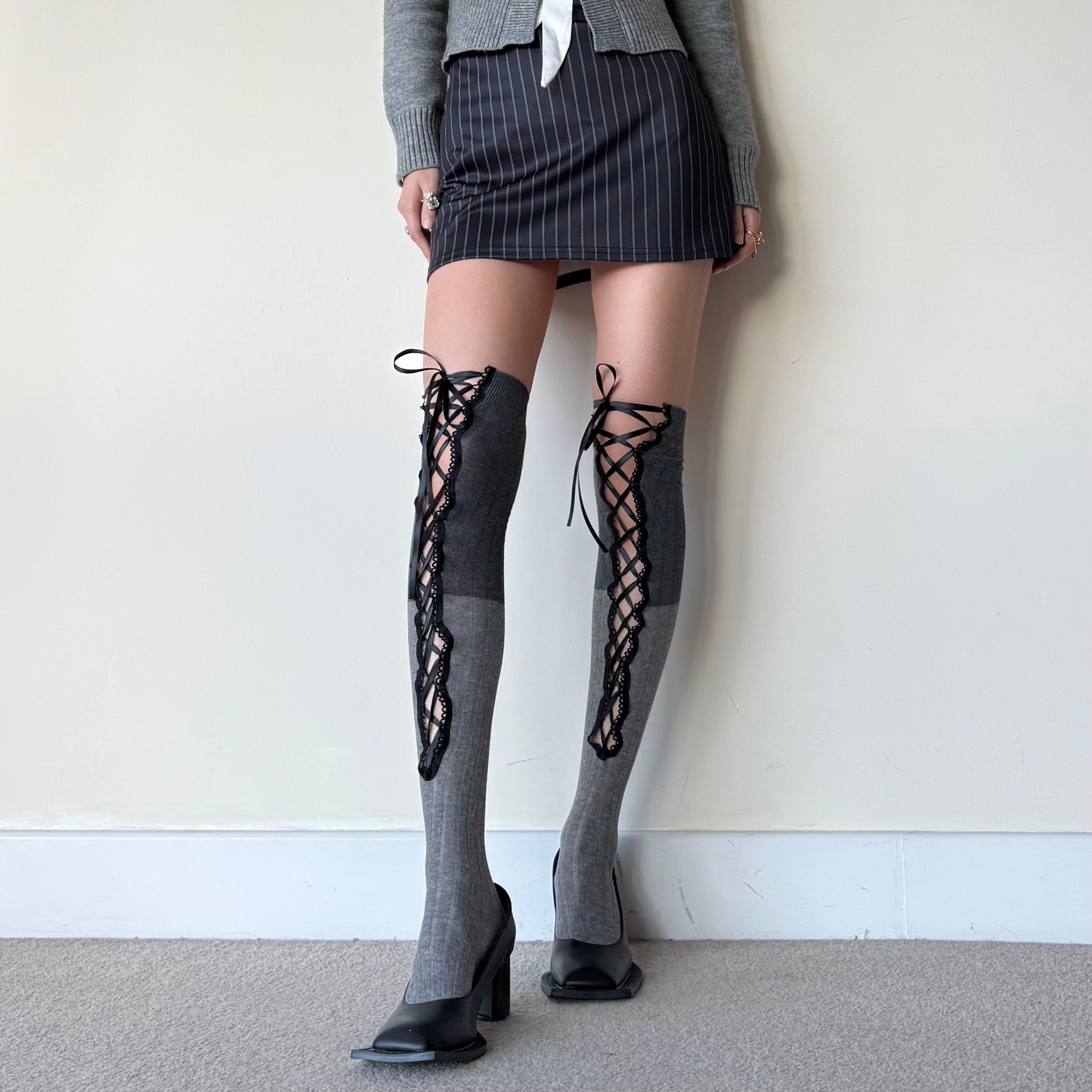 Two-Tone Grey & Silver Corset Lace-Up Thigh High Cotton Socks