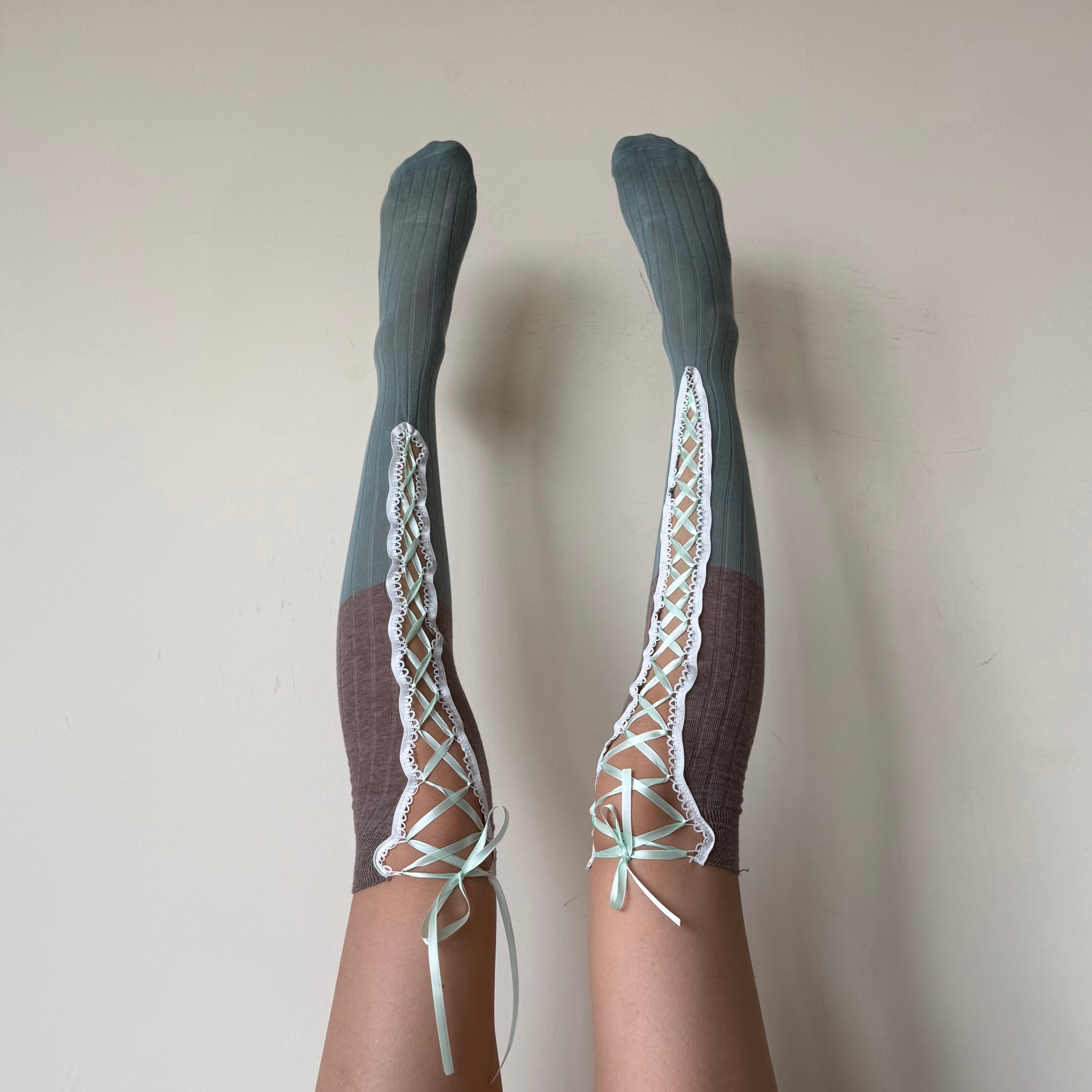 Two-Tone Light Brown & Dusty Teal Corset Lace-Up Thigh High Cotton Socks
