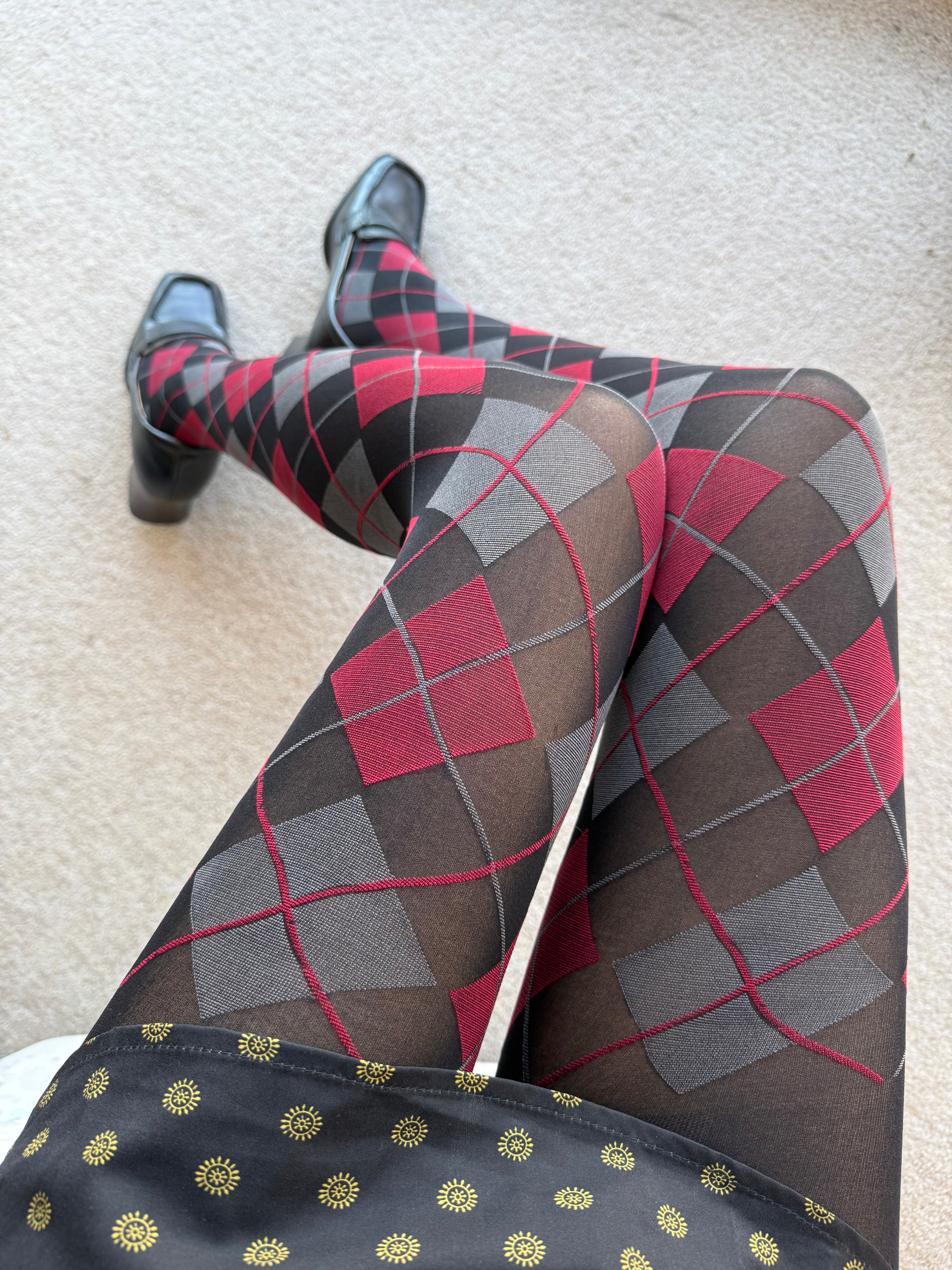 Burgundy Grey & Black Argyle Pattern Tights 50D
