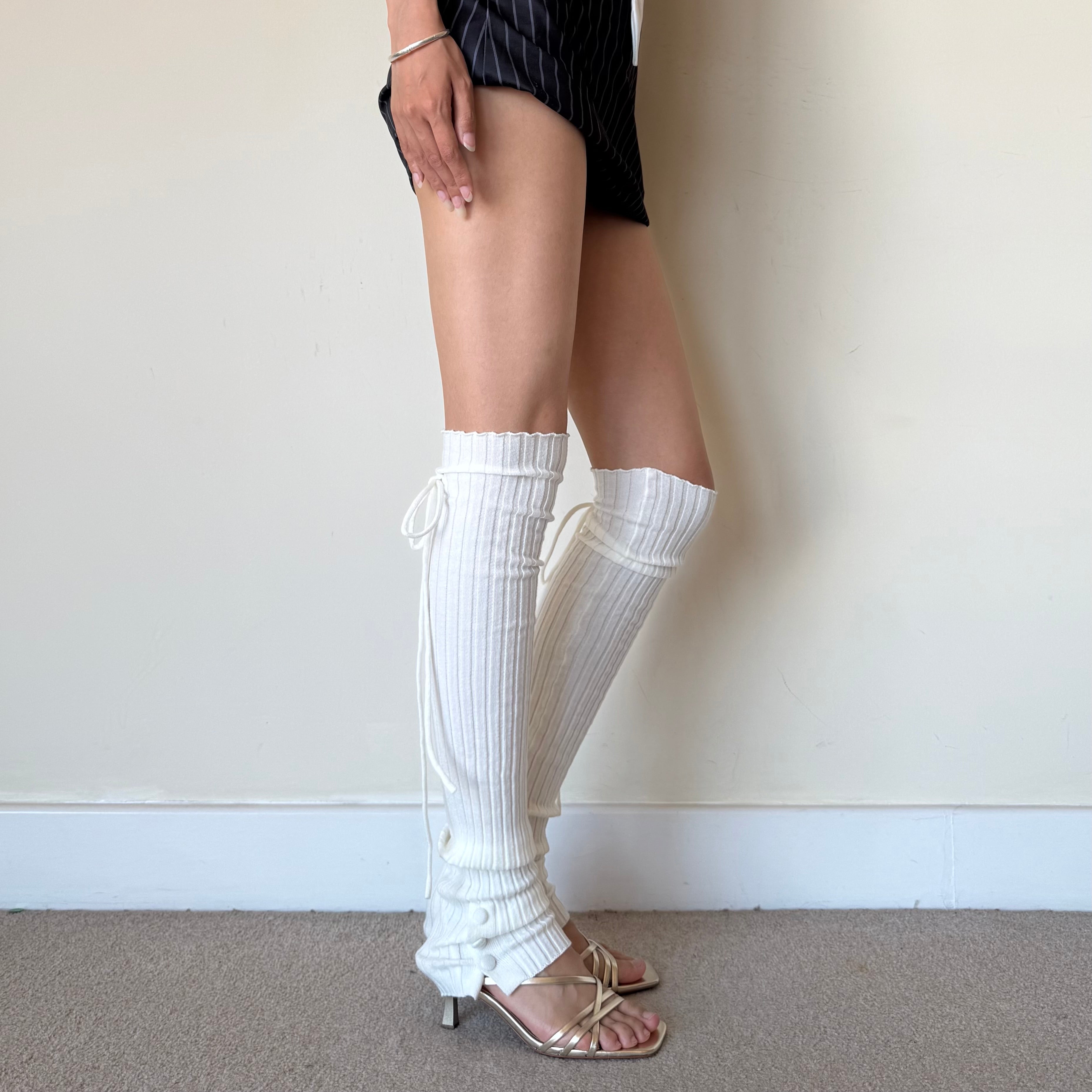 White Balletcore Ribbed Wool Blend Leg Warmers with Side Tie & Button Detail