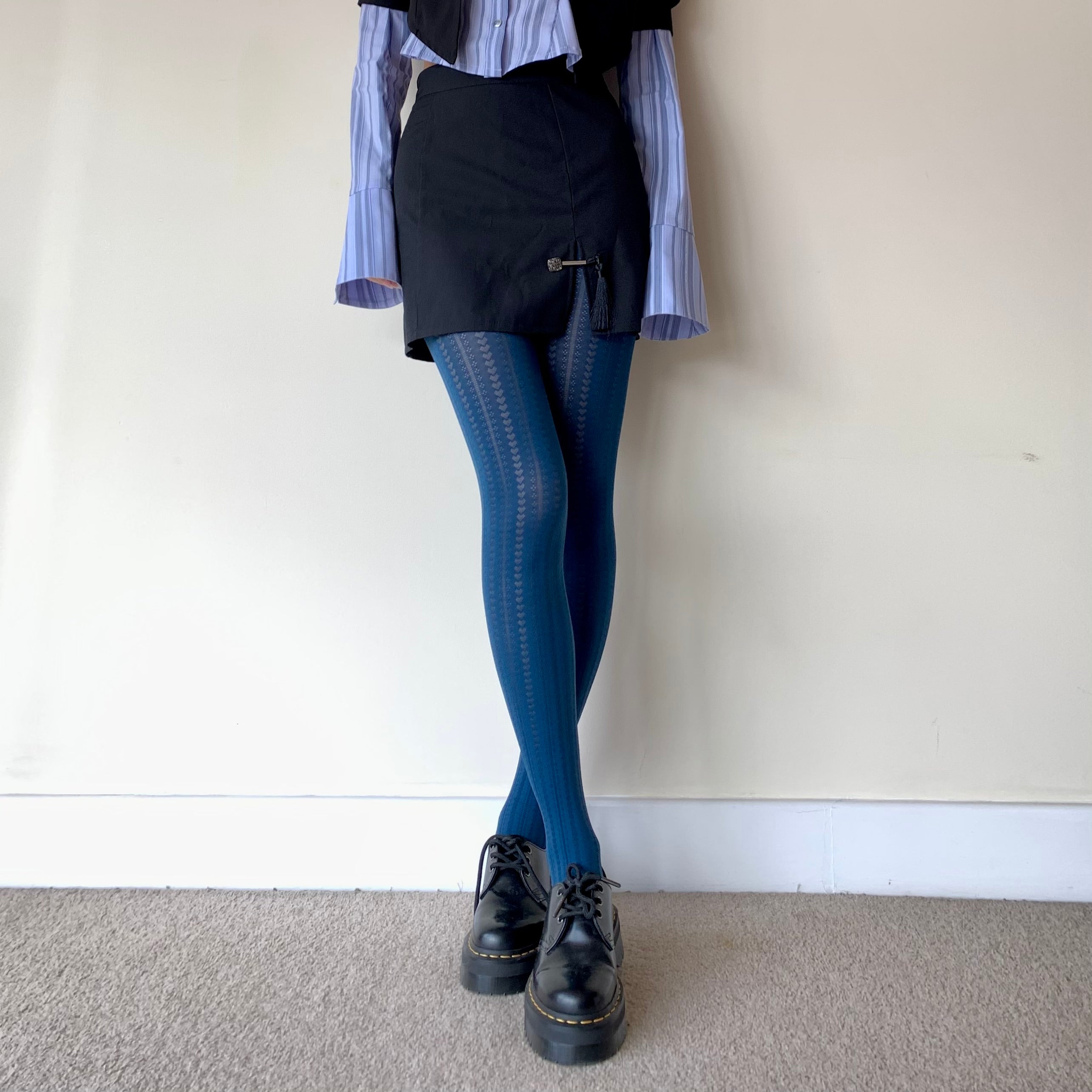 Blue Heart Striped Velvet Tights 70D