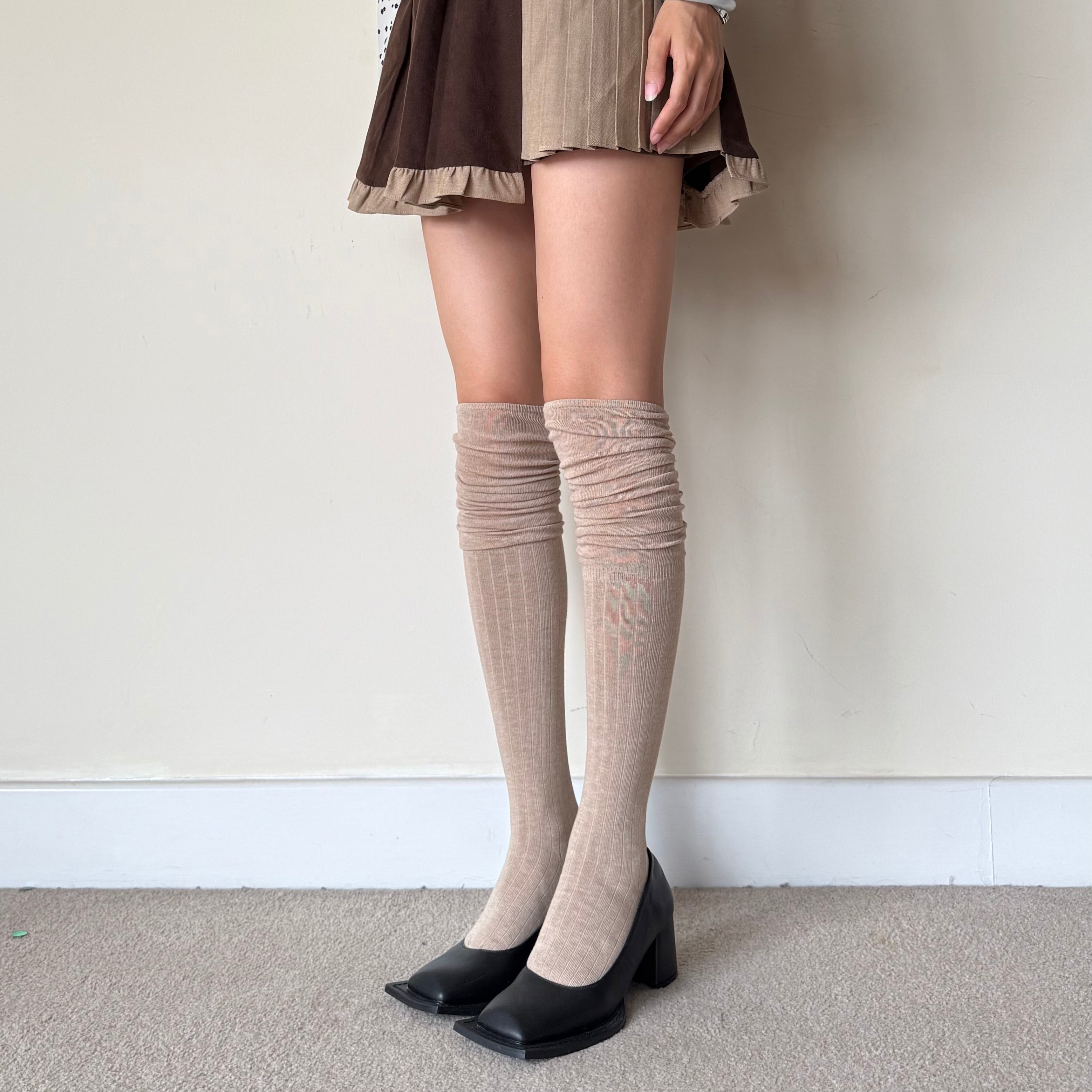 Oatmeal Brown Striped Knee High Socks with Slouchy Trim (64cm)