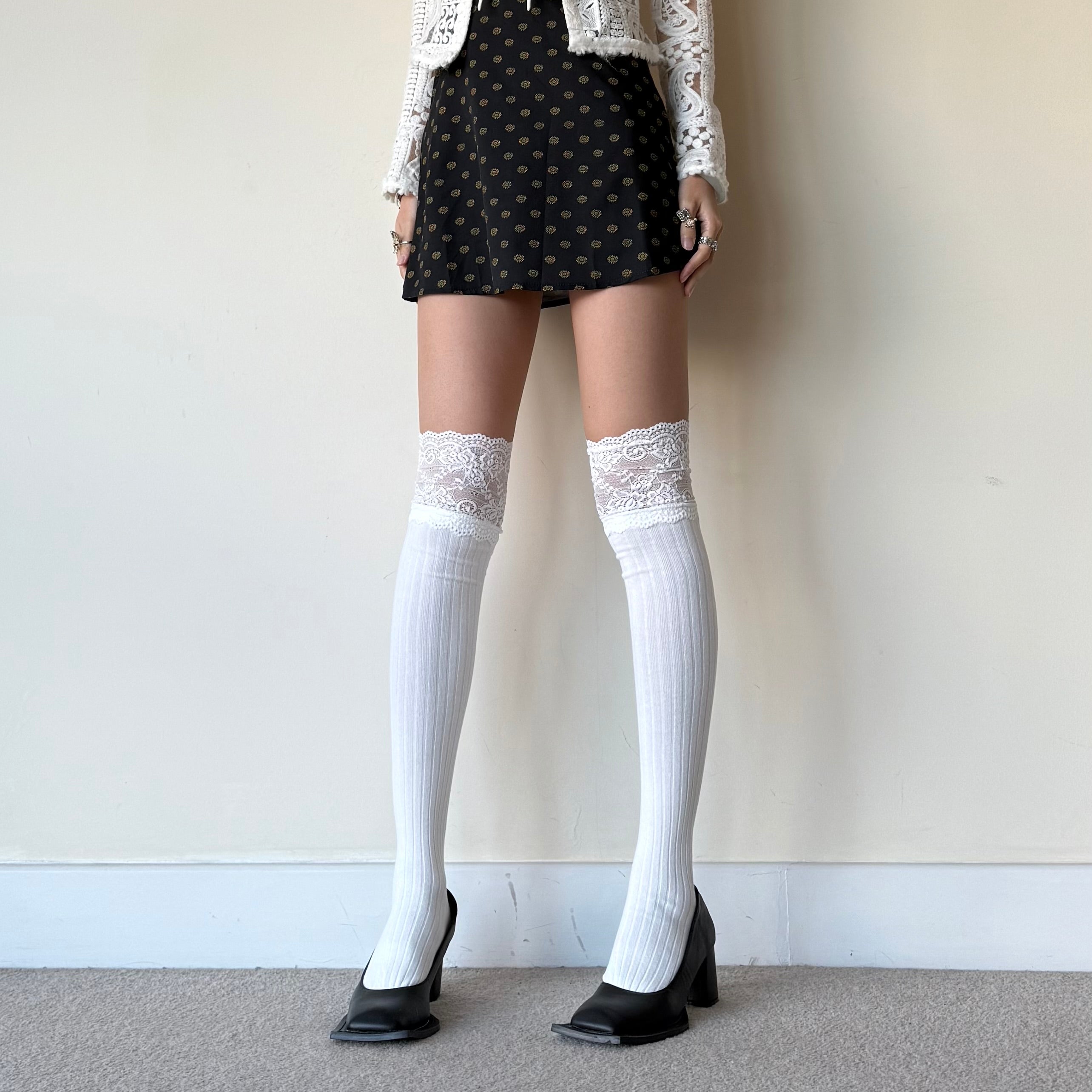 White Cotton Knee High Socks with Floral Lace Trim