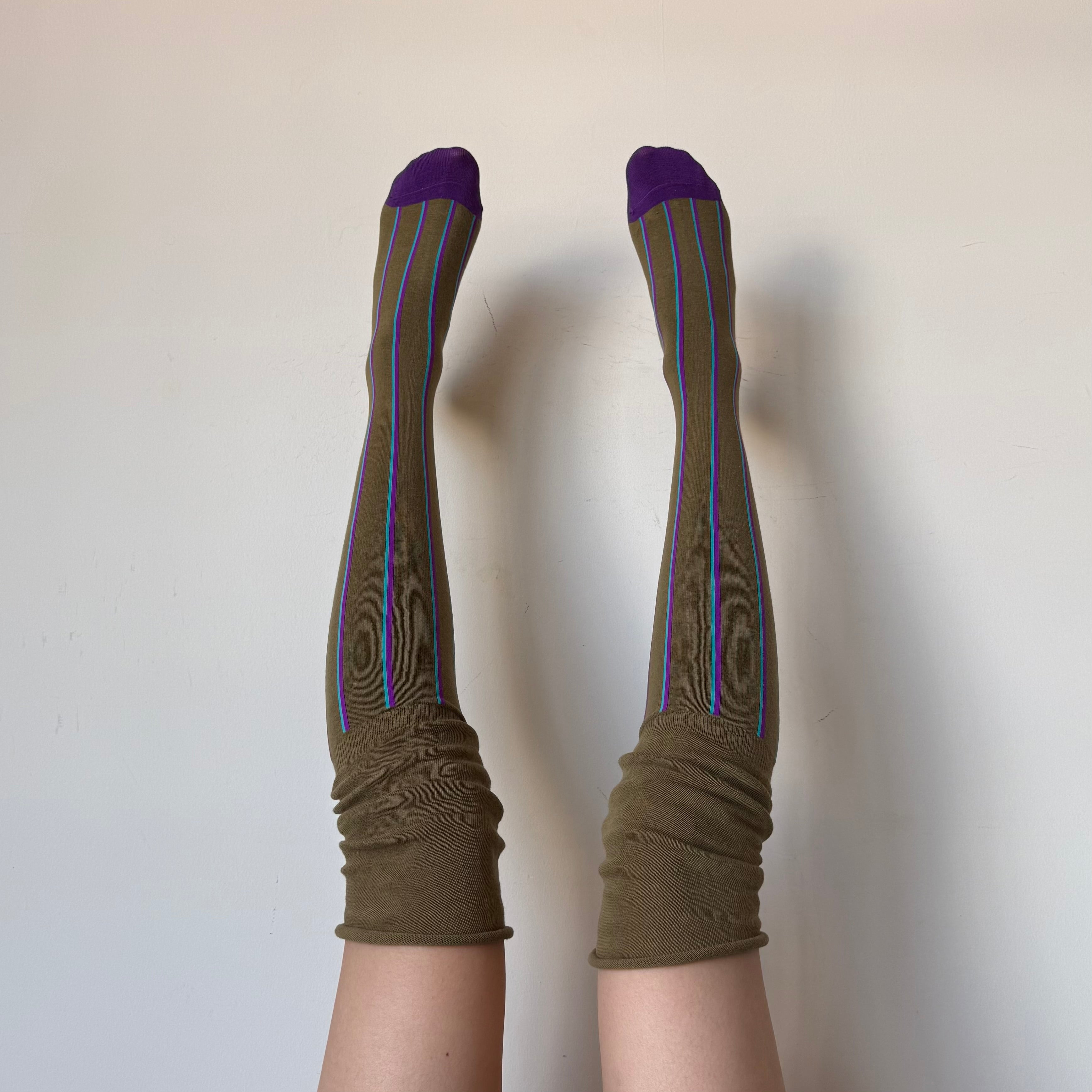 Olive Green Slouchy Over-the-Knee Socks with Stripe Detail