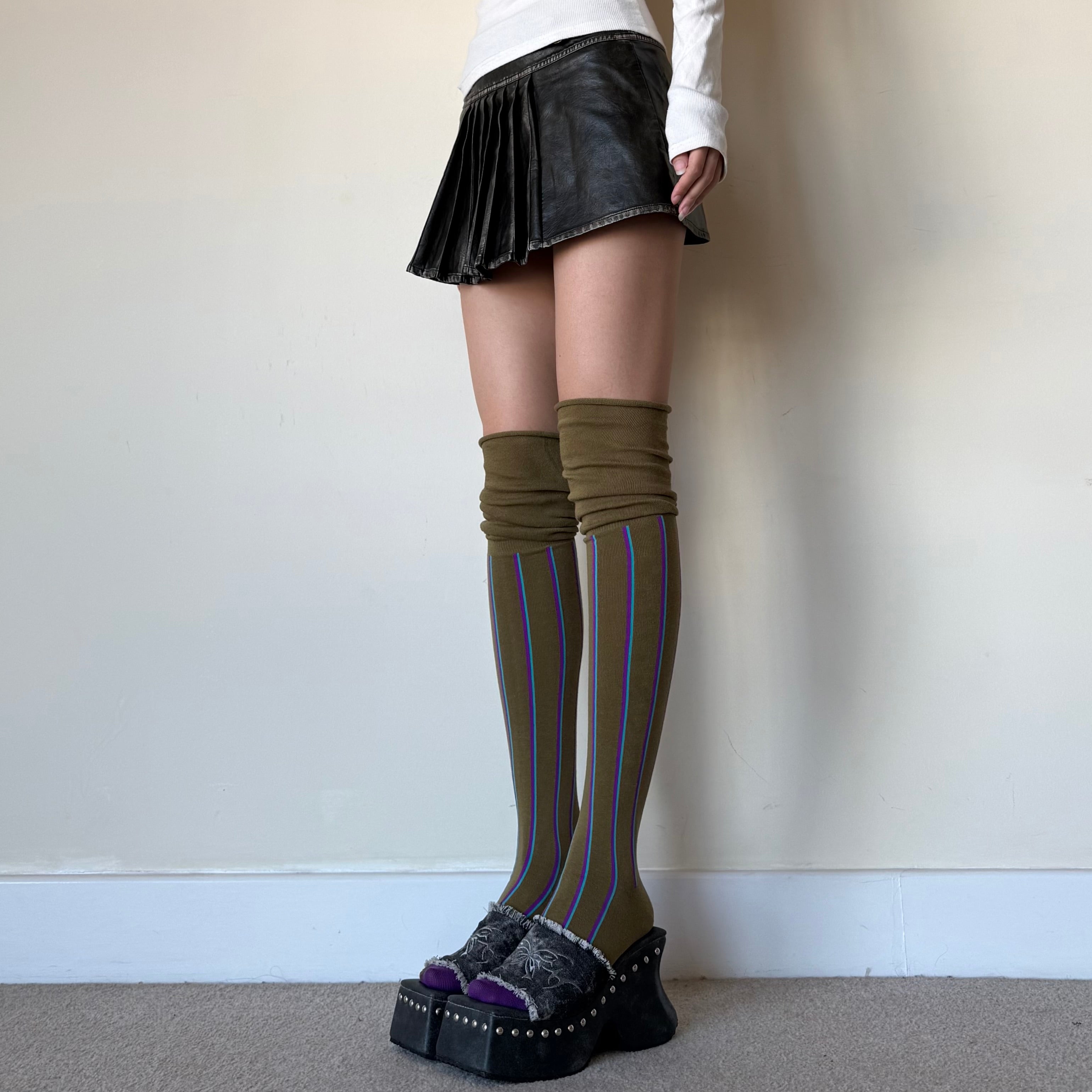 Olive Green Slouchy Over-the-Knee Socks with Stripe Detail