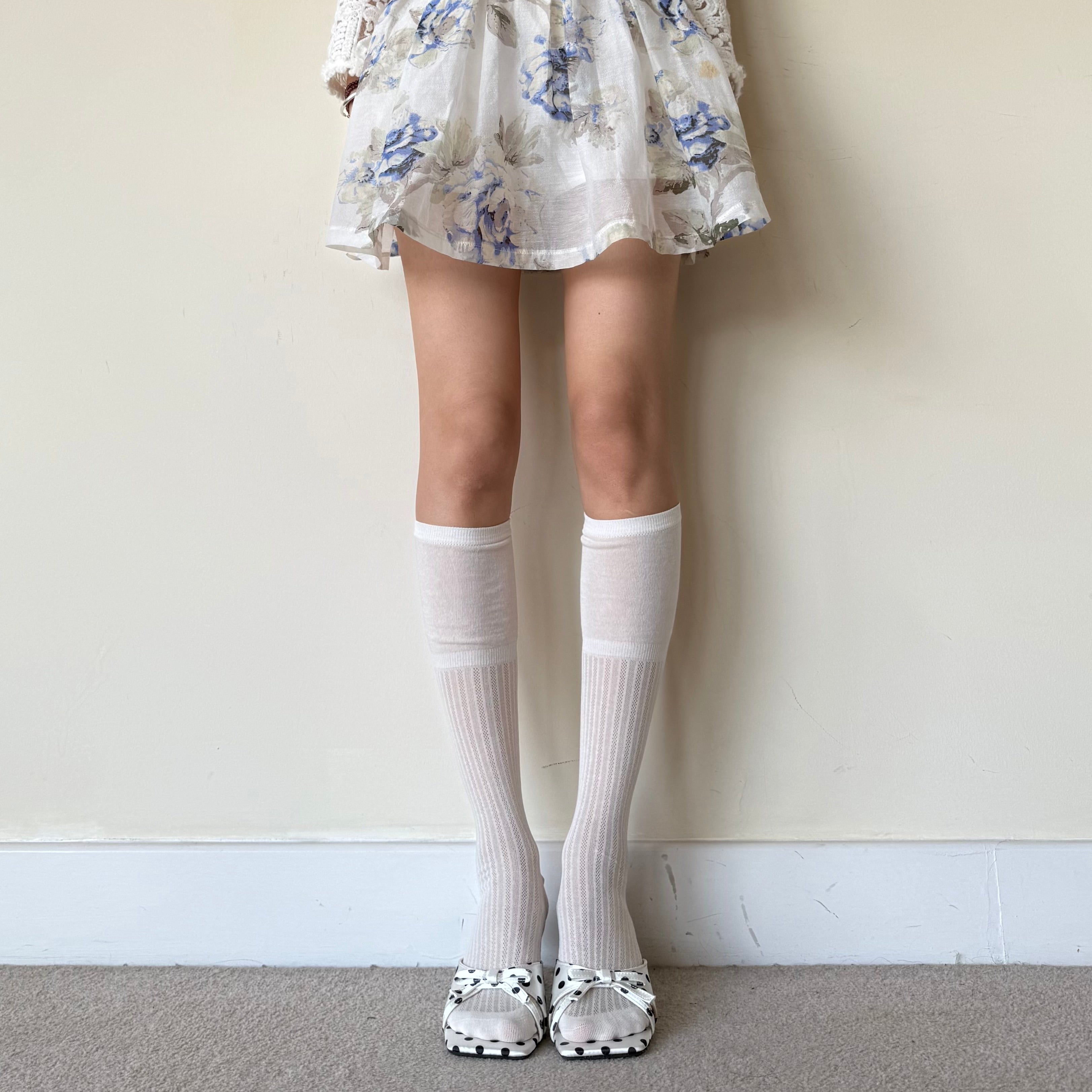 Cream White Ribbed Combed Cotton Knee-High Socks