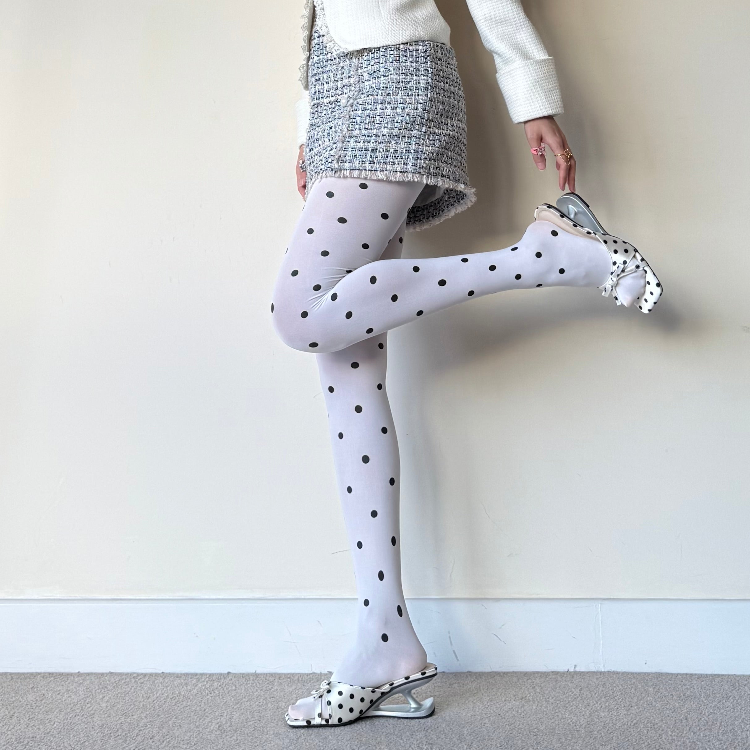 White Polka Dot Velvet Tights 30D