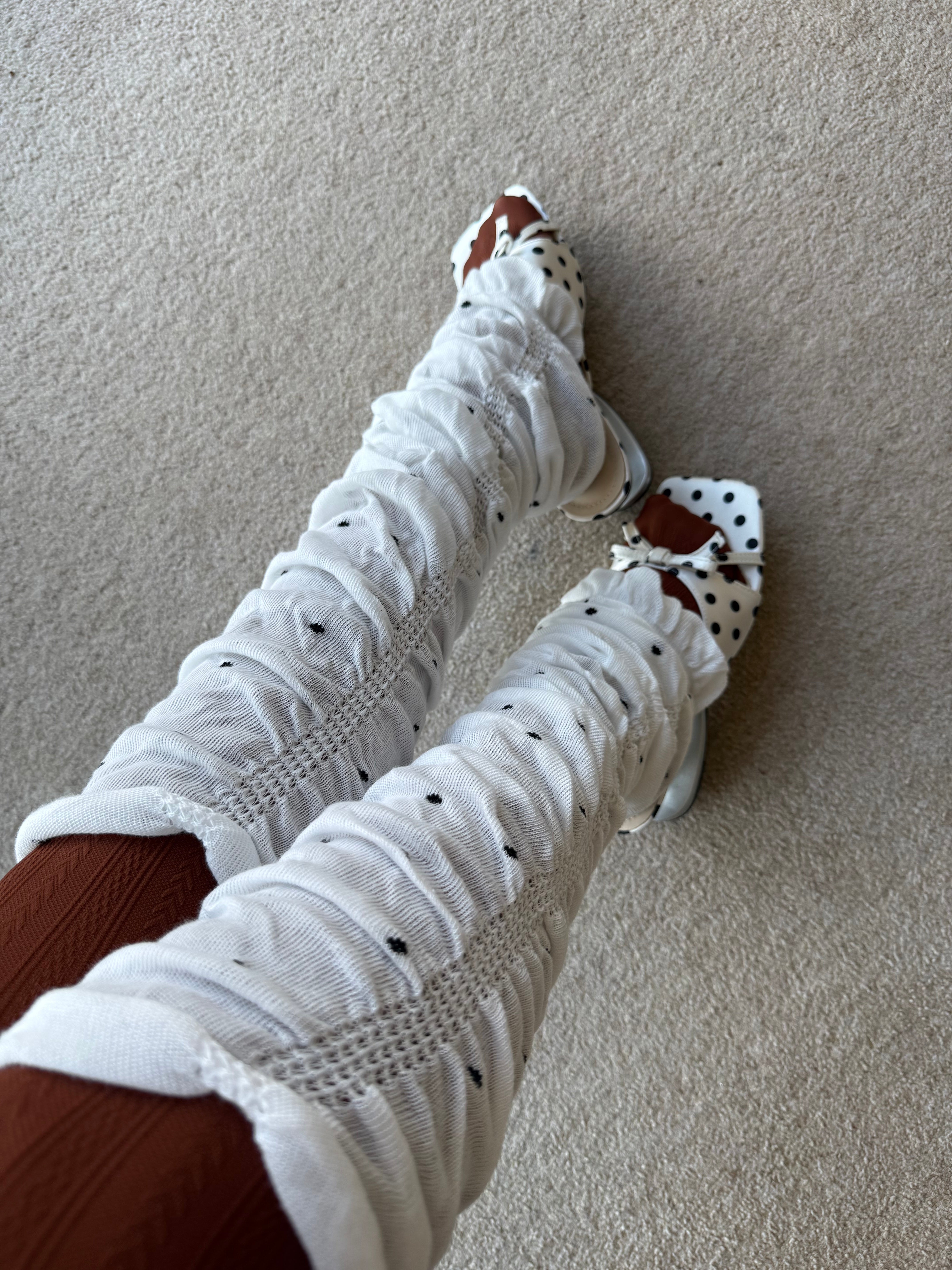 White Sheer Polka Dot Ruched Leg Warmers (approx. 62 cm)