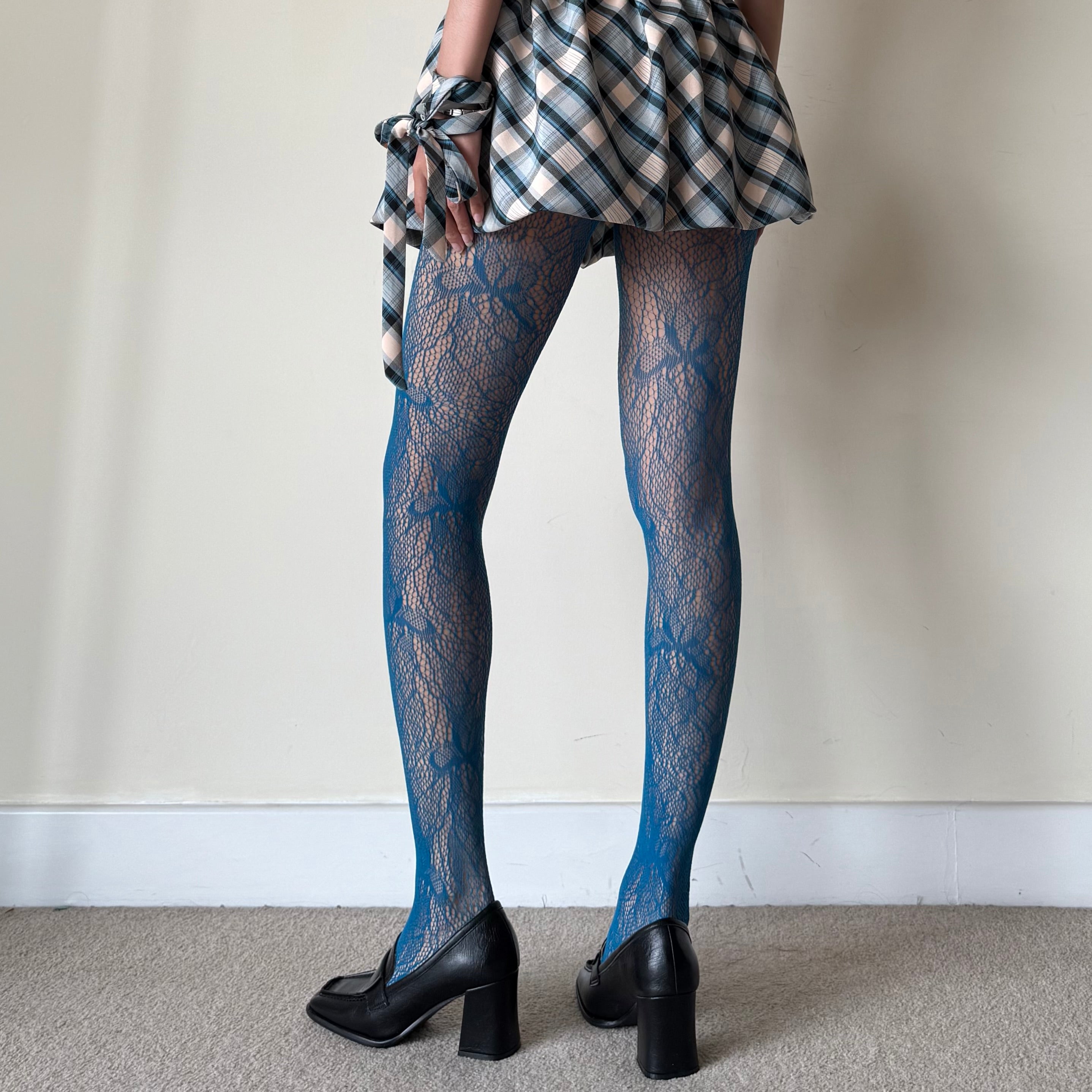 Peacock Blue Floral Fishnet Tights