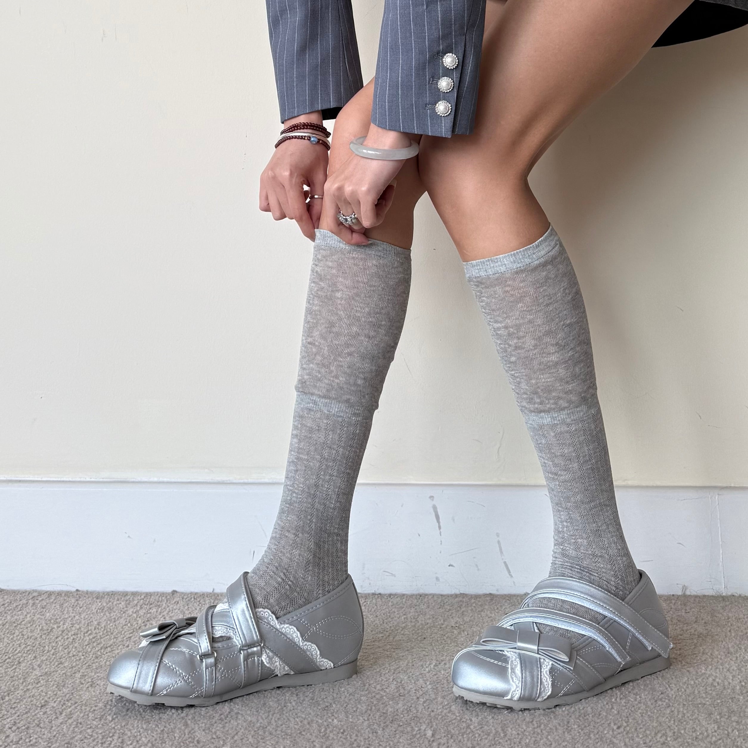 Grey White Ribbed Combed Cotton Knee-High Socks