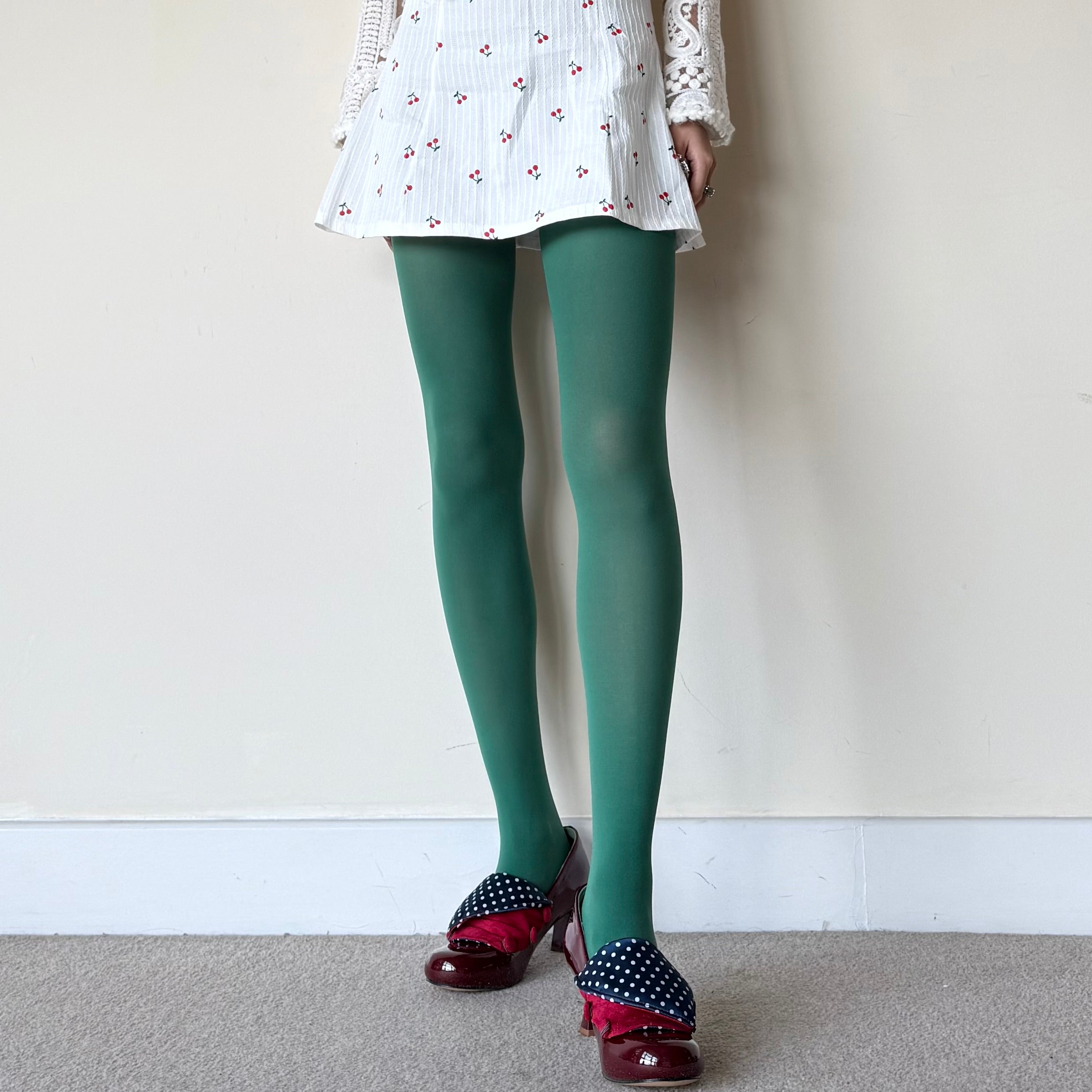 Dark Basil Green Solid Color Velvet Tights 80D