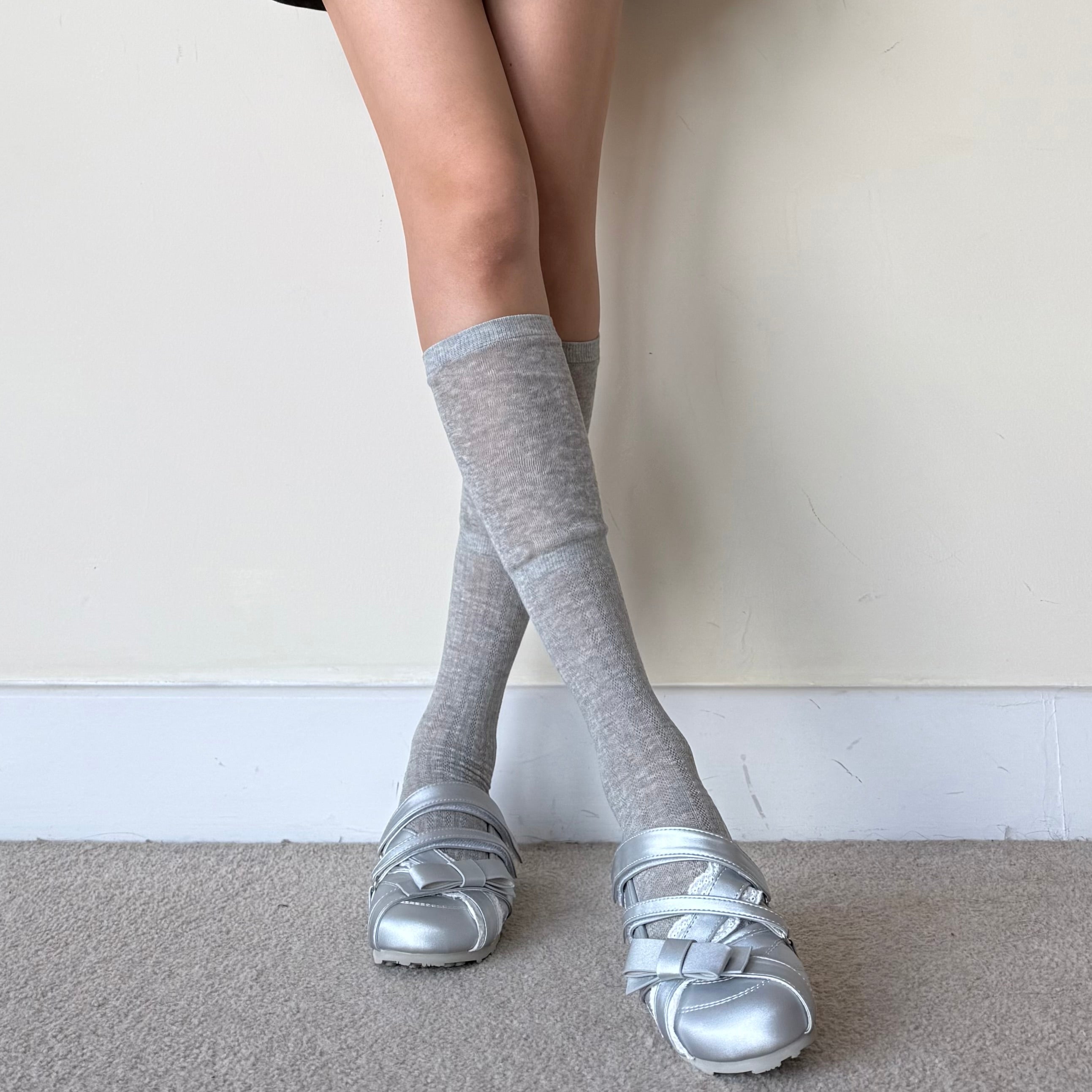 Grey White Ribbed Combed Cotton Knee-High Socks