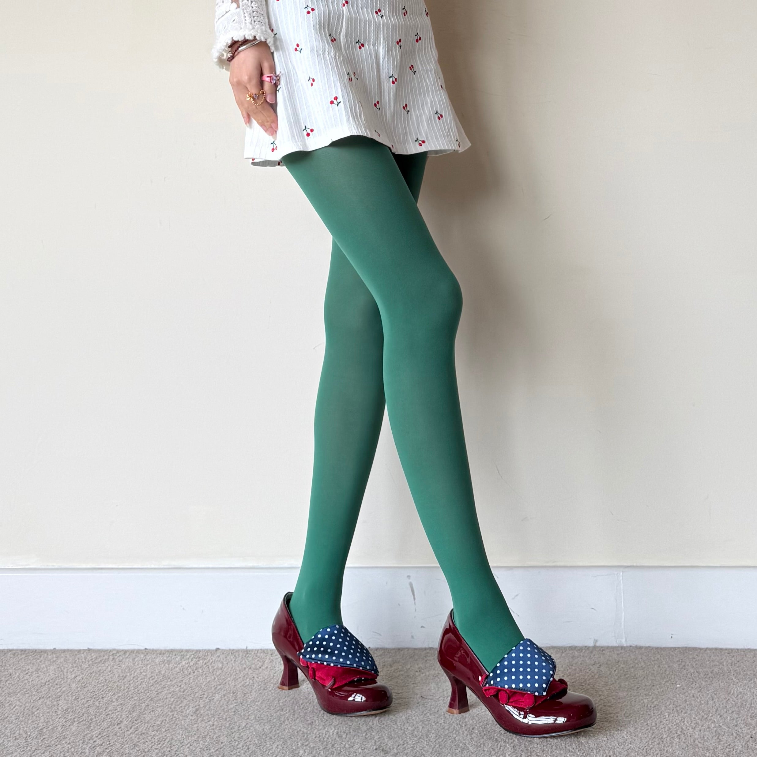 Dark Basil Green Solid Color Velvet Tights 80D