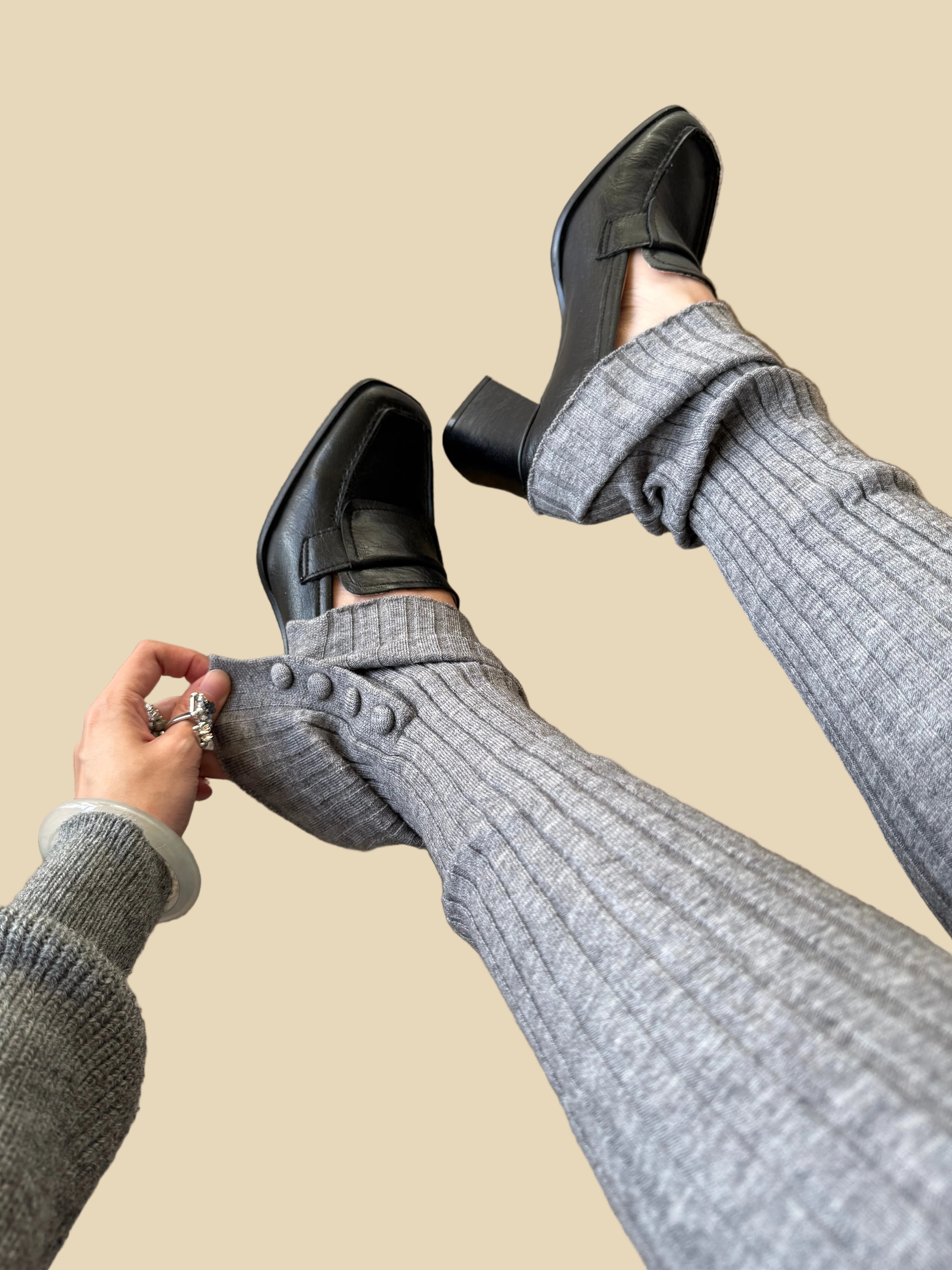 Balletcore Ribbed Wool Blend Leg Warmers with Side Tie & Button Detail