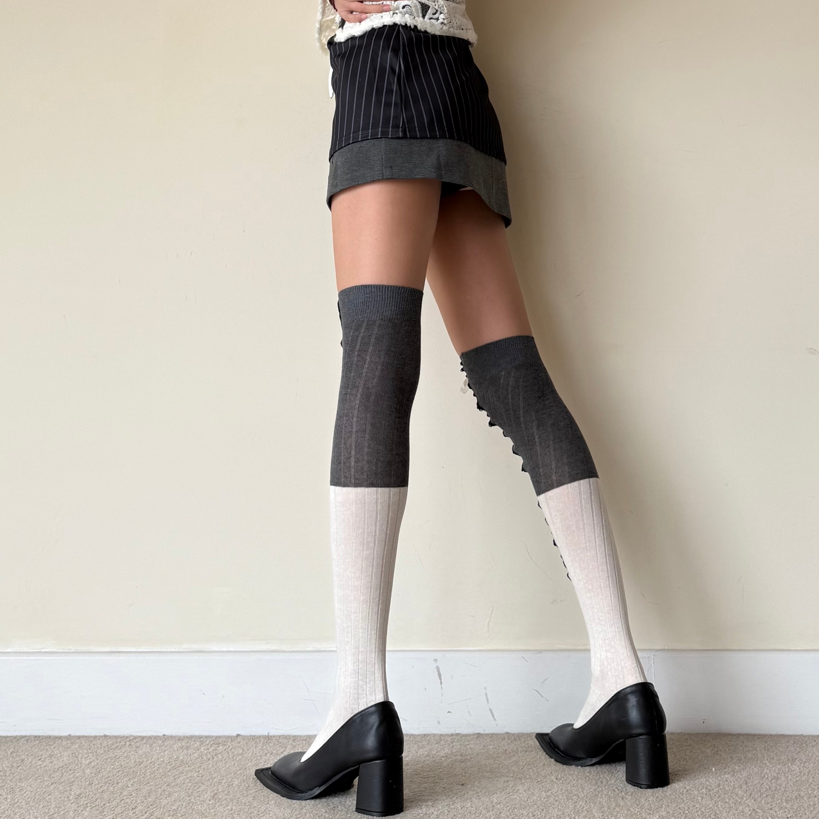 Two-Tone Grey & White Corset Lace-Up Thigh High Cotton Socks