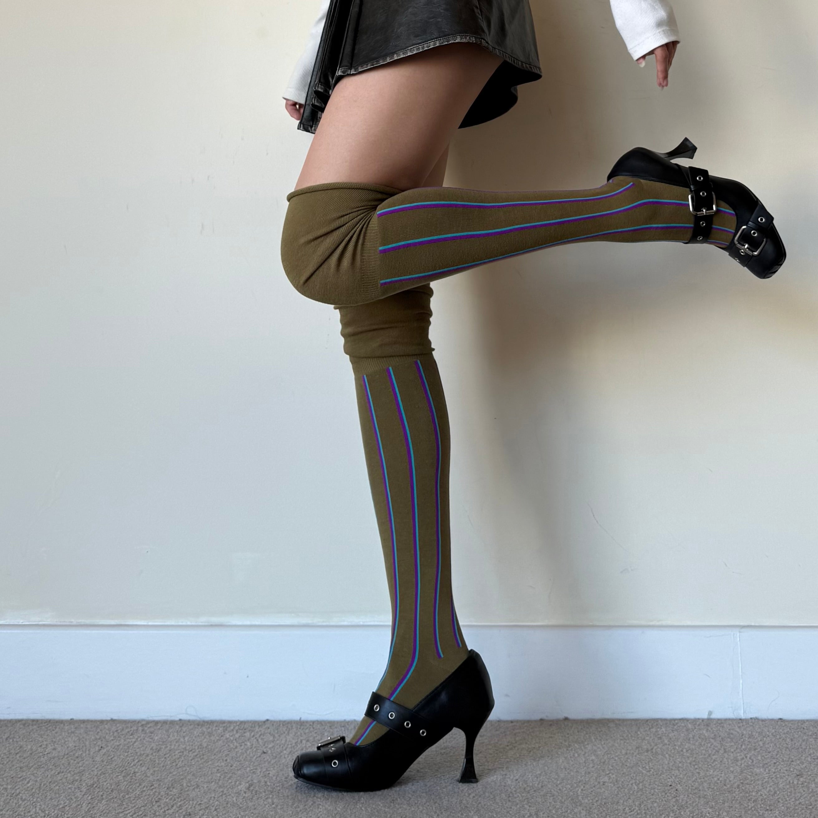 Olive Green Slouchy Over-the-Knee Socks with Stripe Detail