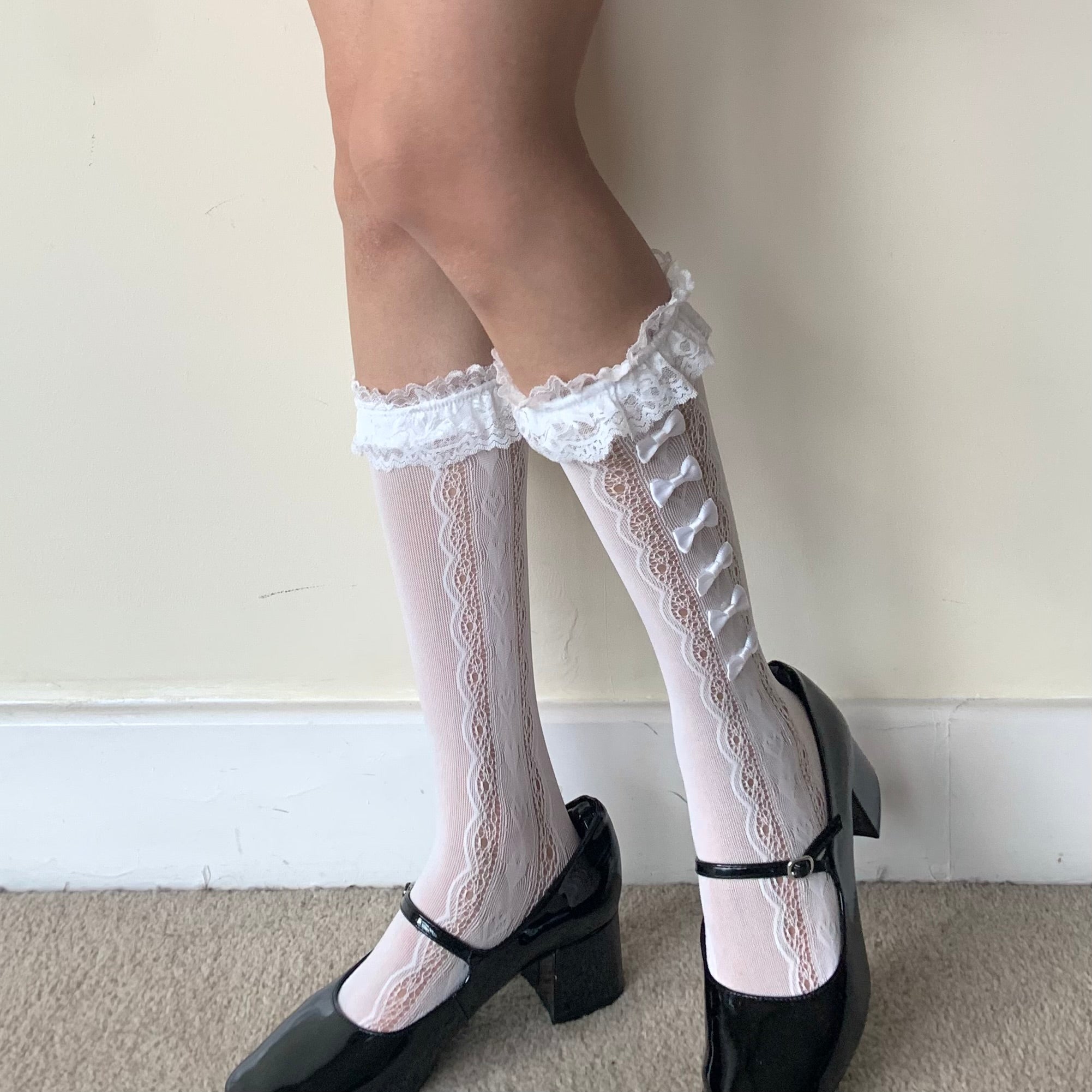 White Lace Knee High Socks with Ruffle Trim & Side Bows