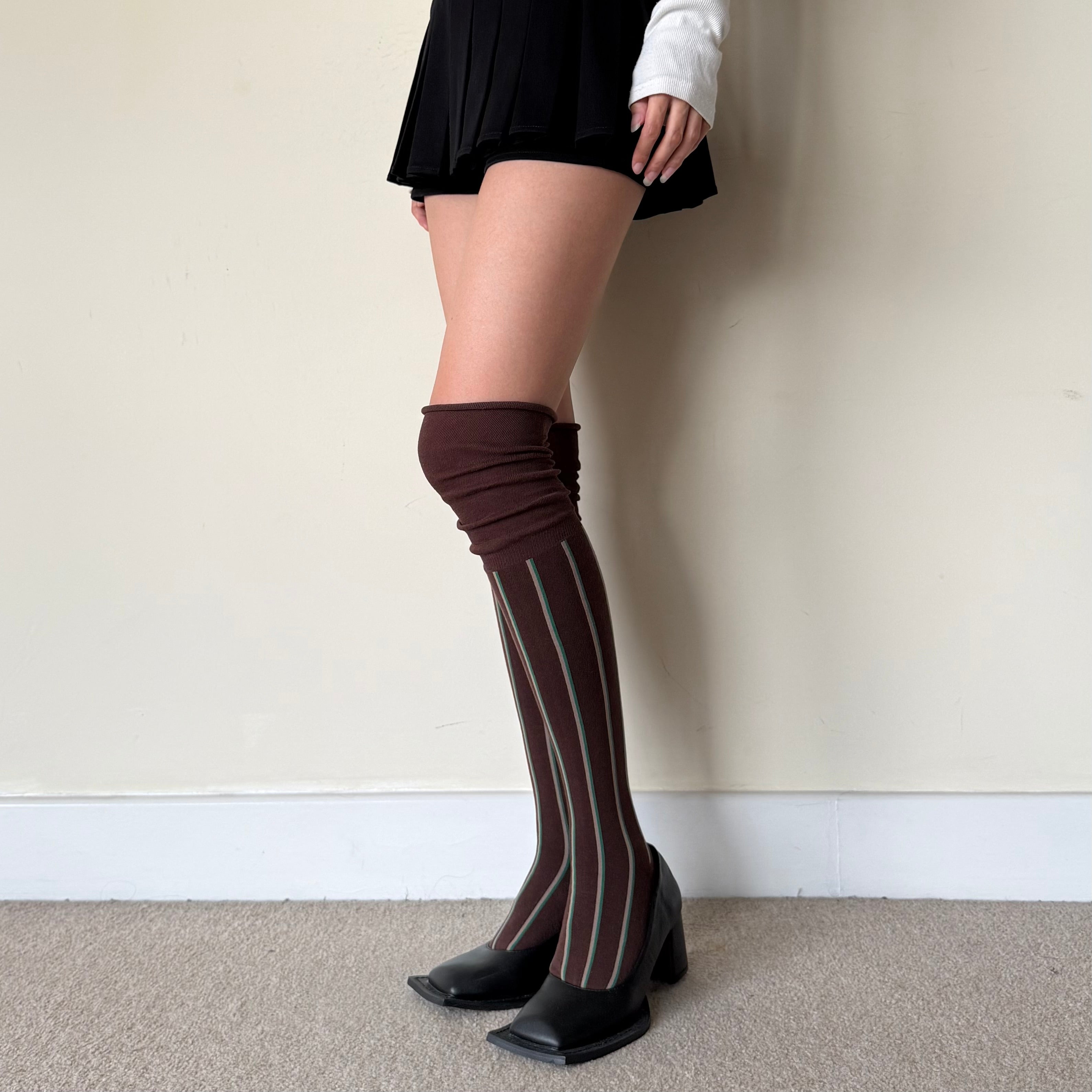Chocolate Brown Slouchy Over-the-Knee Socks with Stripe Detail