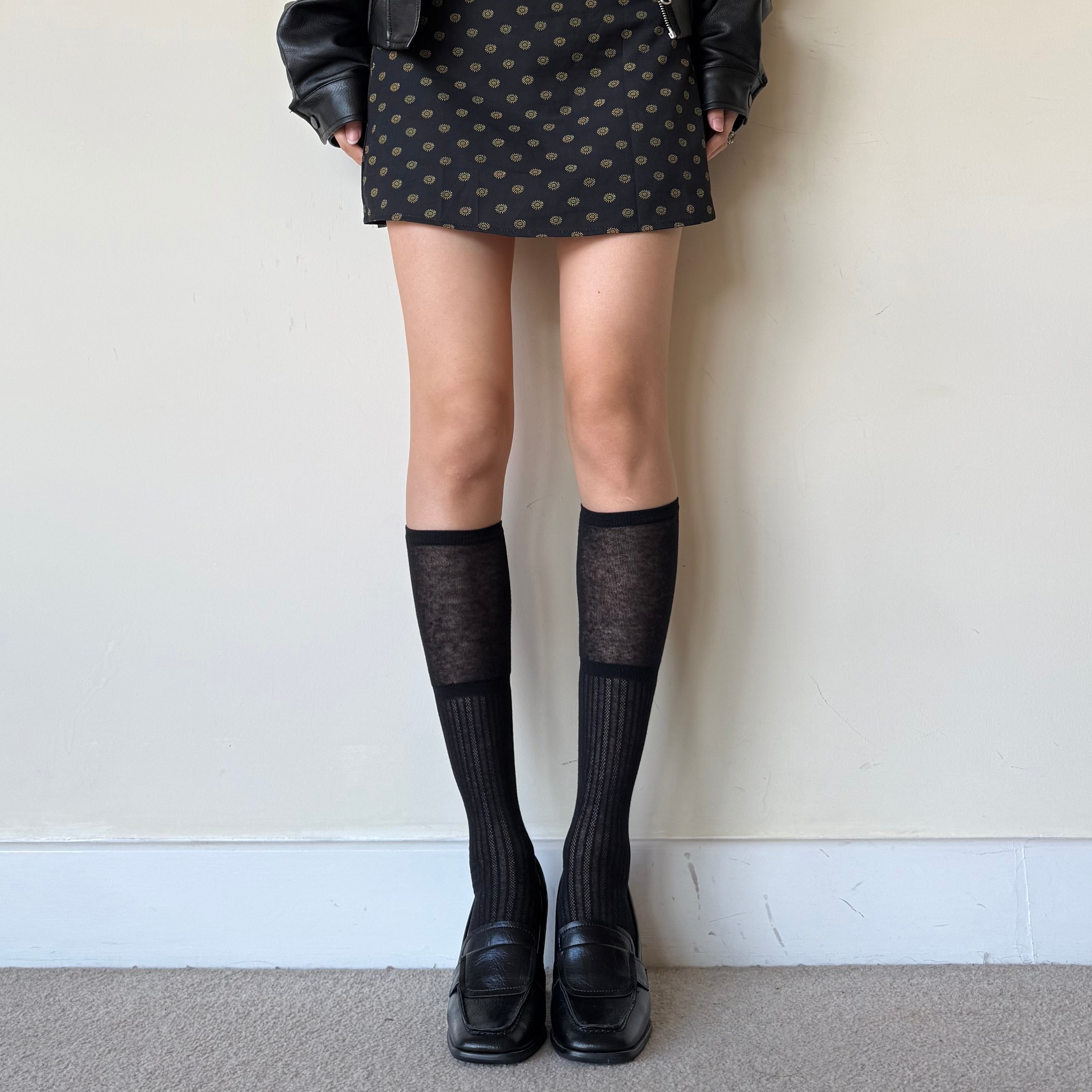Black Ribbed Combed Cotton Knee-High Socks