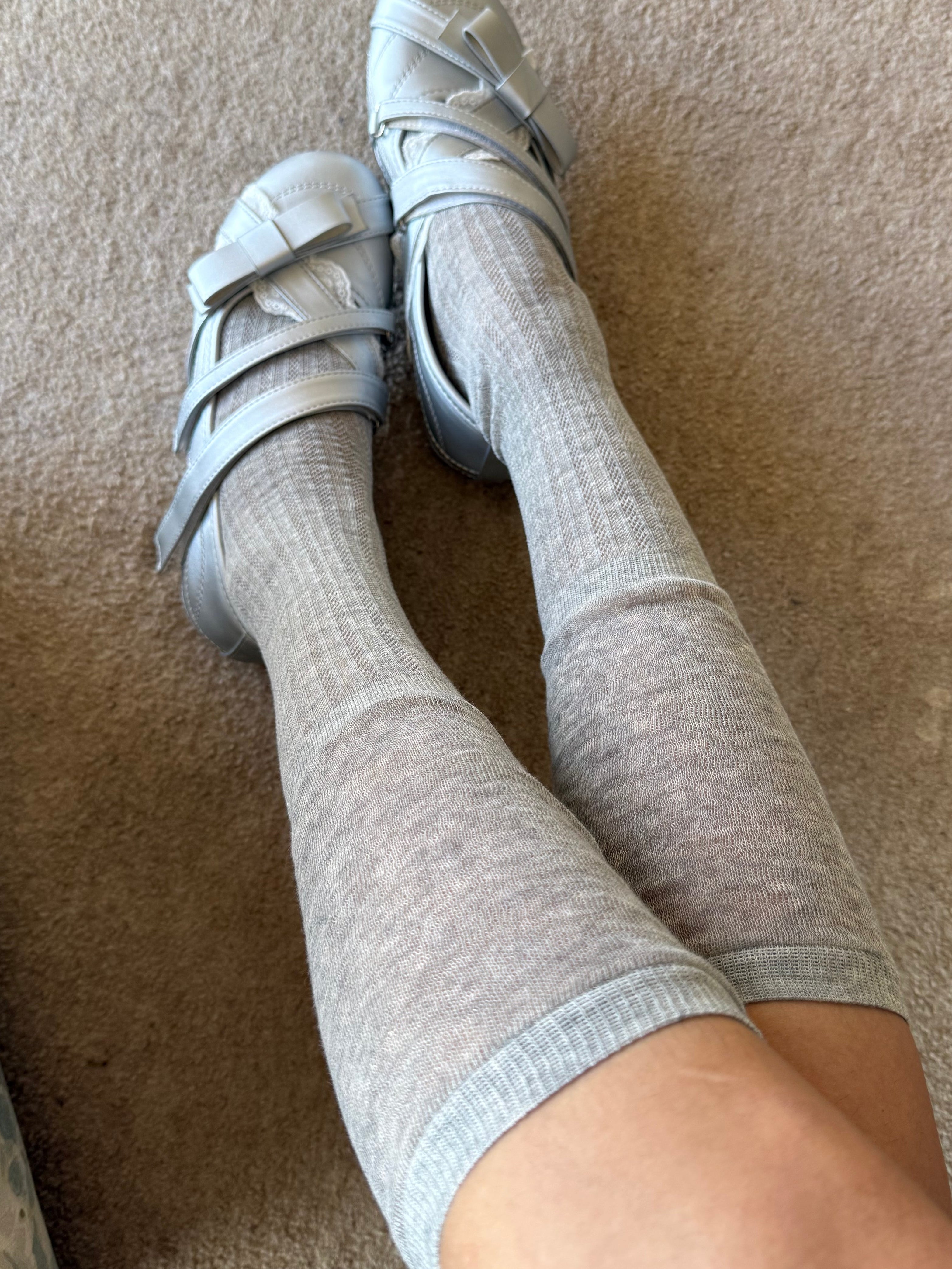 Grey White Ribbed Combed Cotton Knee-High Socks