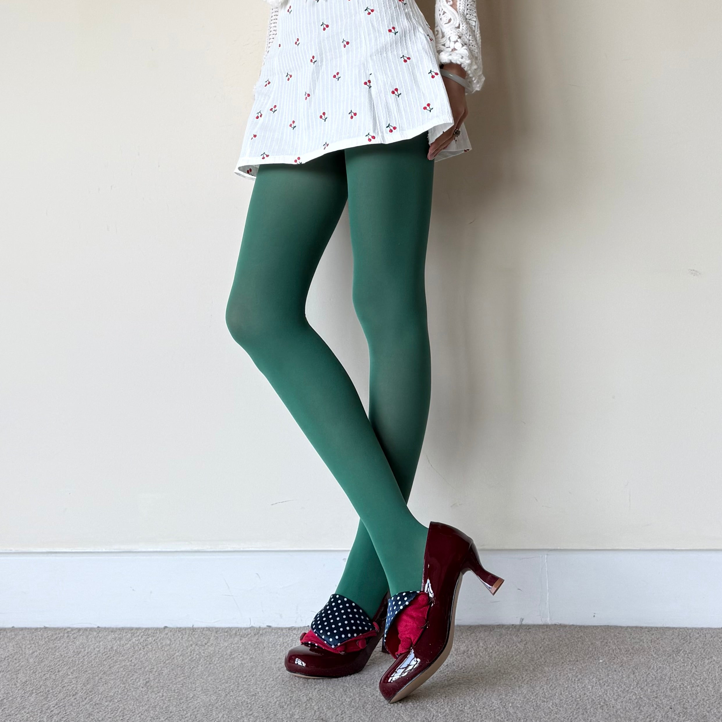 Dark Basil Green Solid Color Velvet Tights 80D