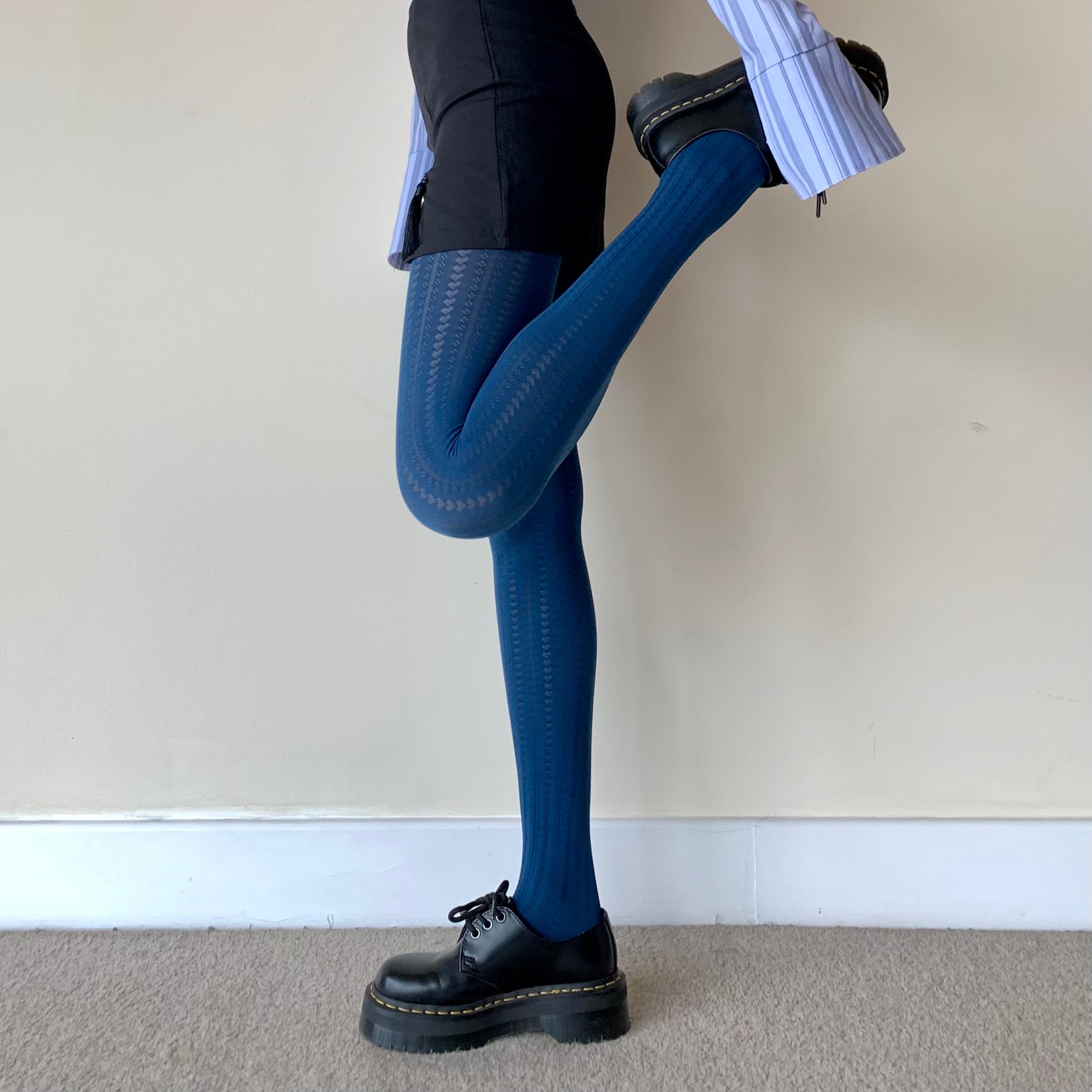 Blue Heart Striped Velvet Tights 70D