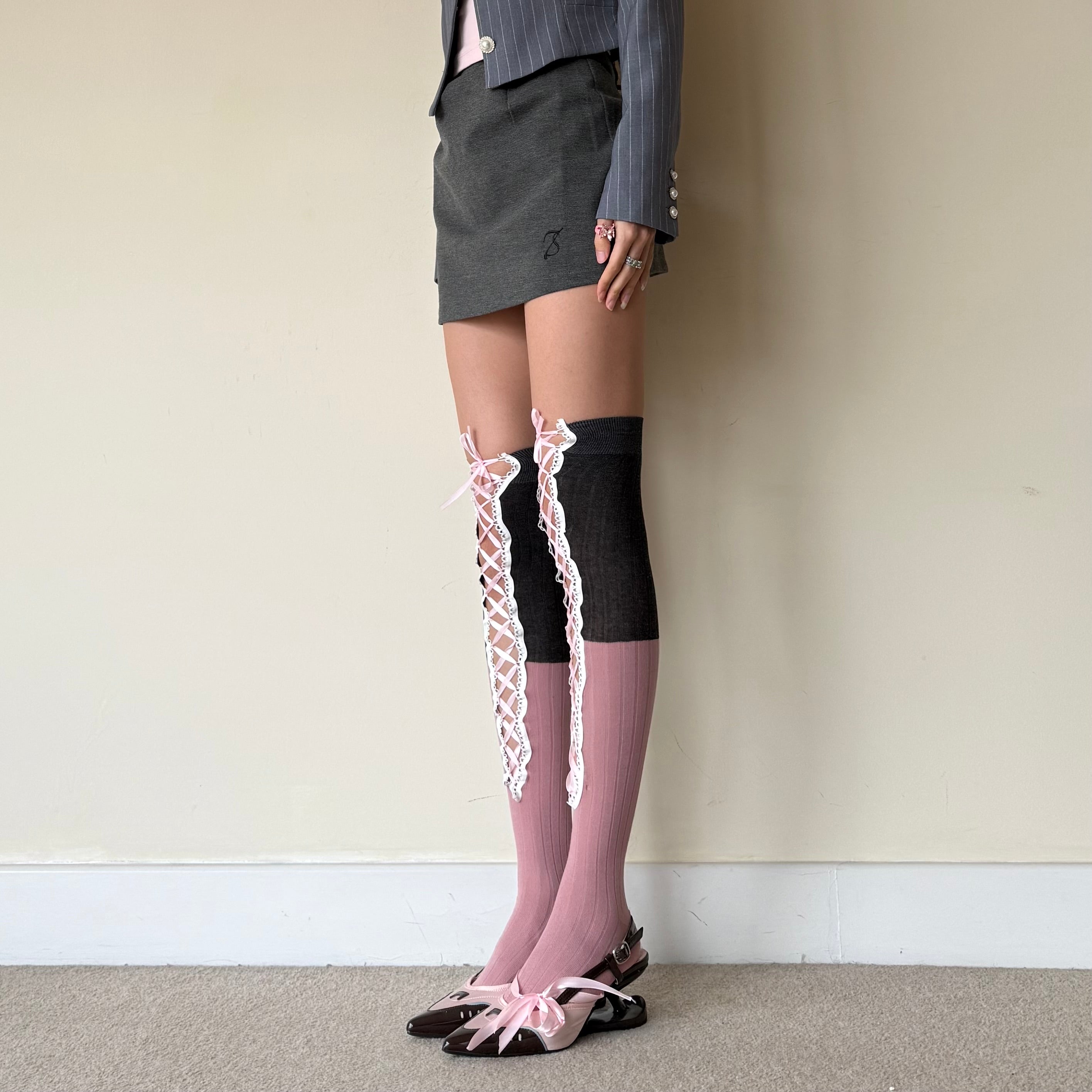 Two-Tone Dark Grey & Pink Corset Lace-Up Thigh High Cotton Socks