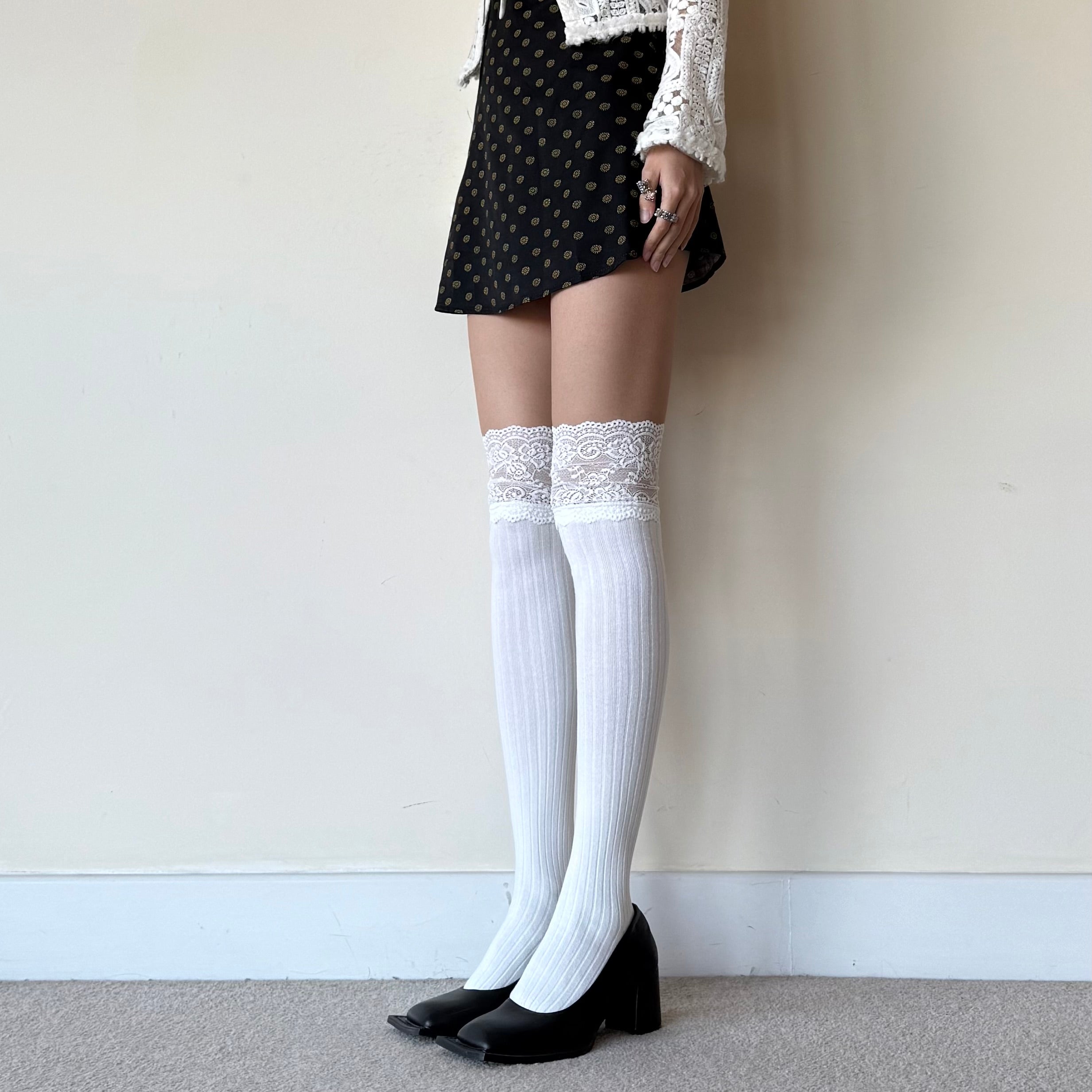 White Cotton Knee High Socks with Floral Lace Trim