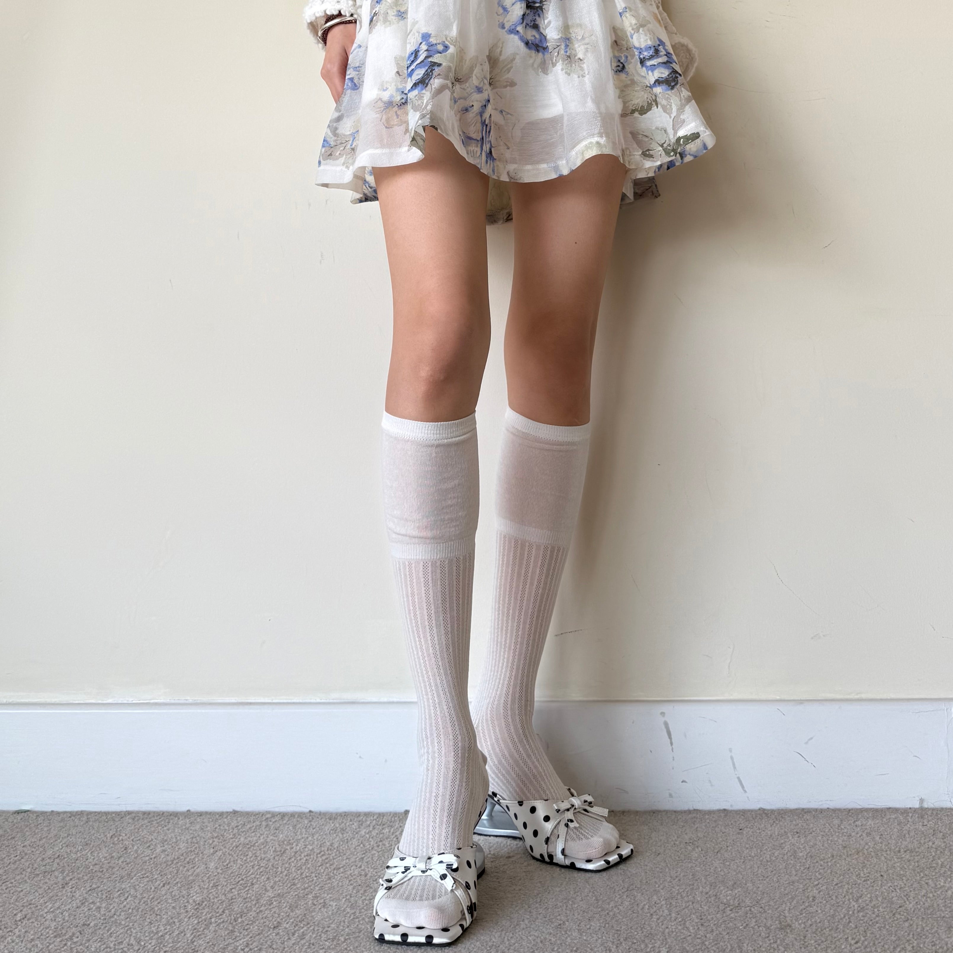 Cream White Ribbed Combed Cotton Knee-High Socks