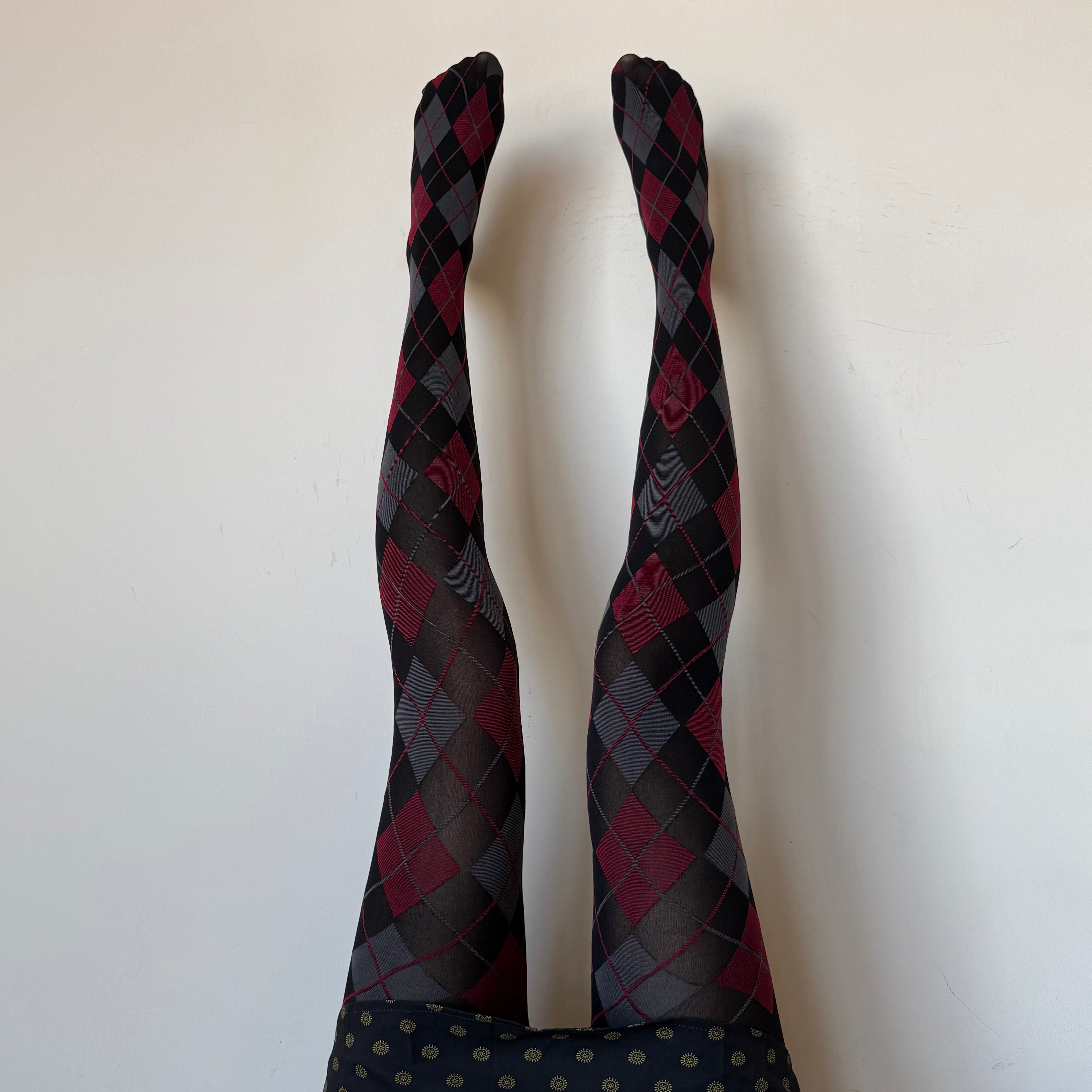 Burgundy Grey & Black Argyle Pattern Tights 50D