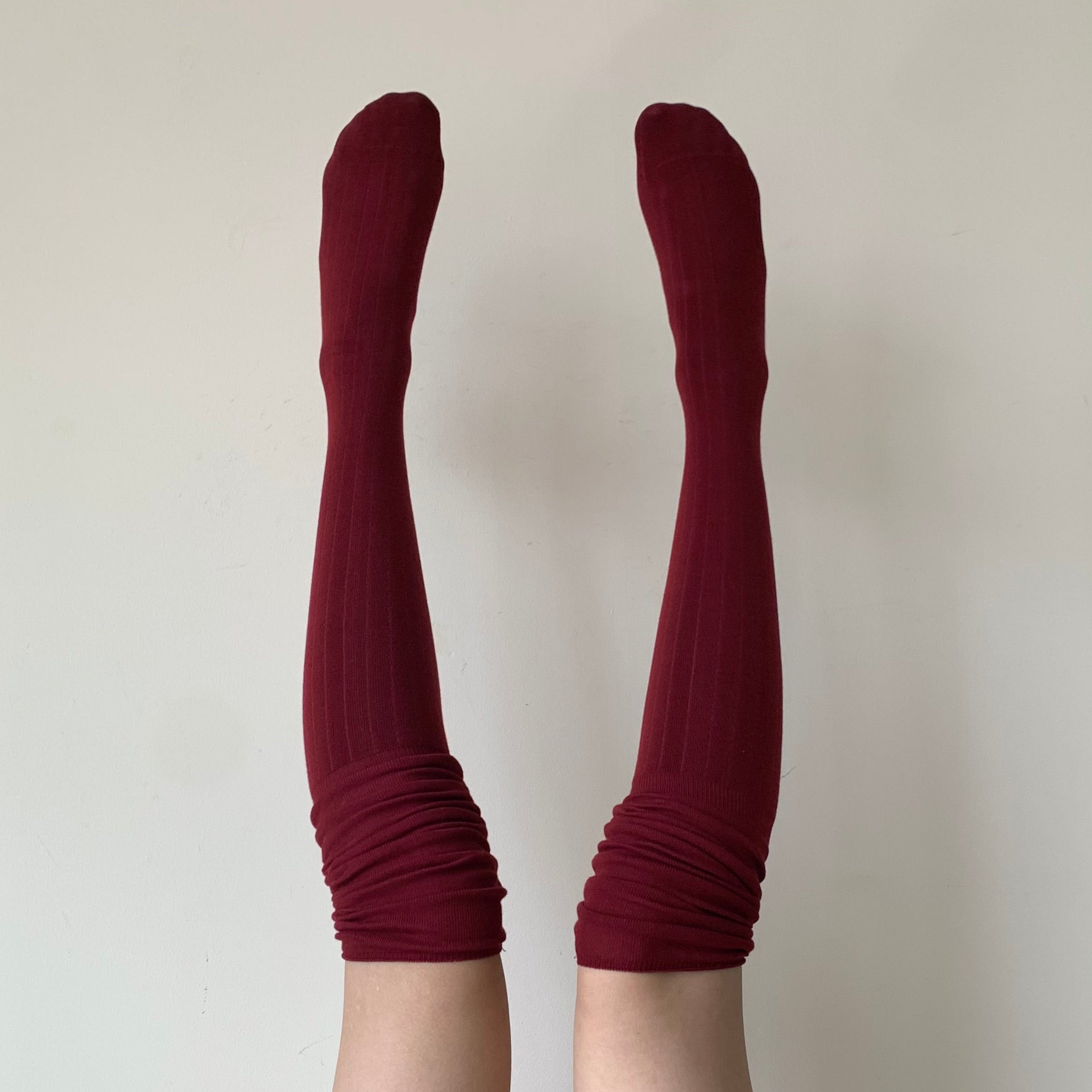 Burgundy Striped Knee High Socks with Slouchy Trim (64cm)