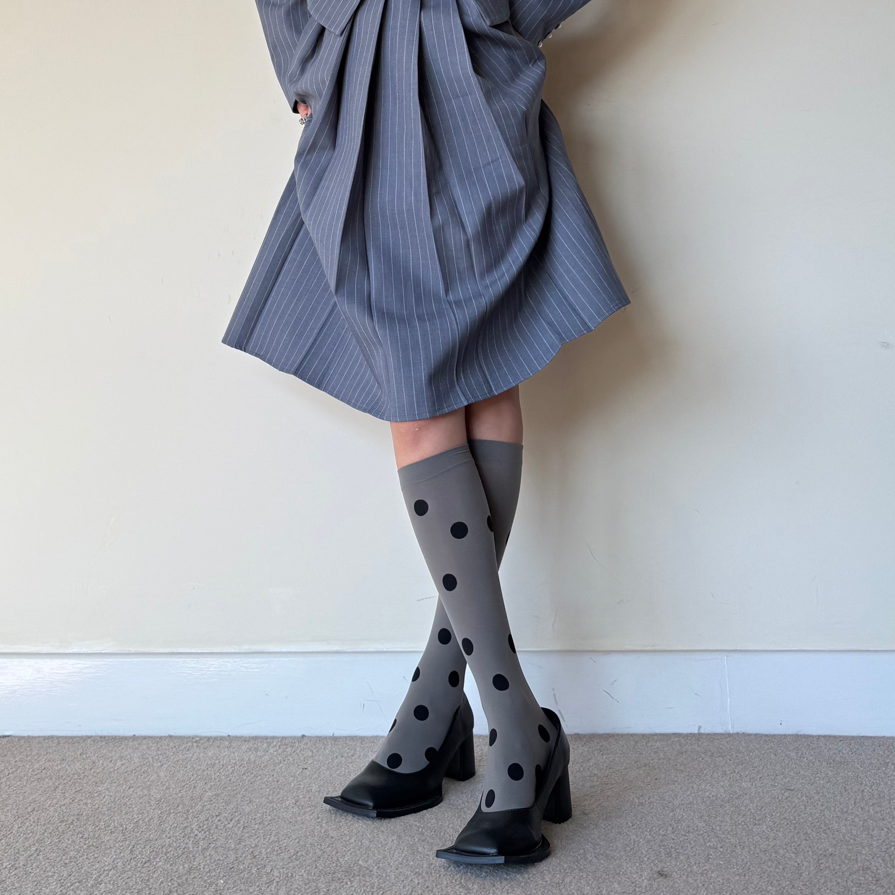 Grey Large Polka Dot Knee-High Socks