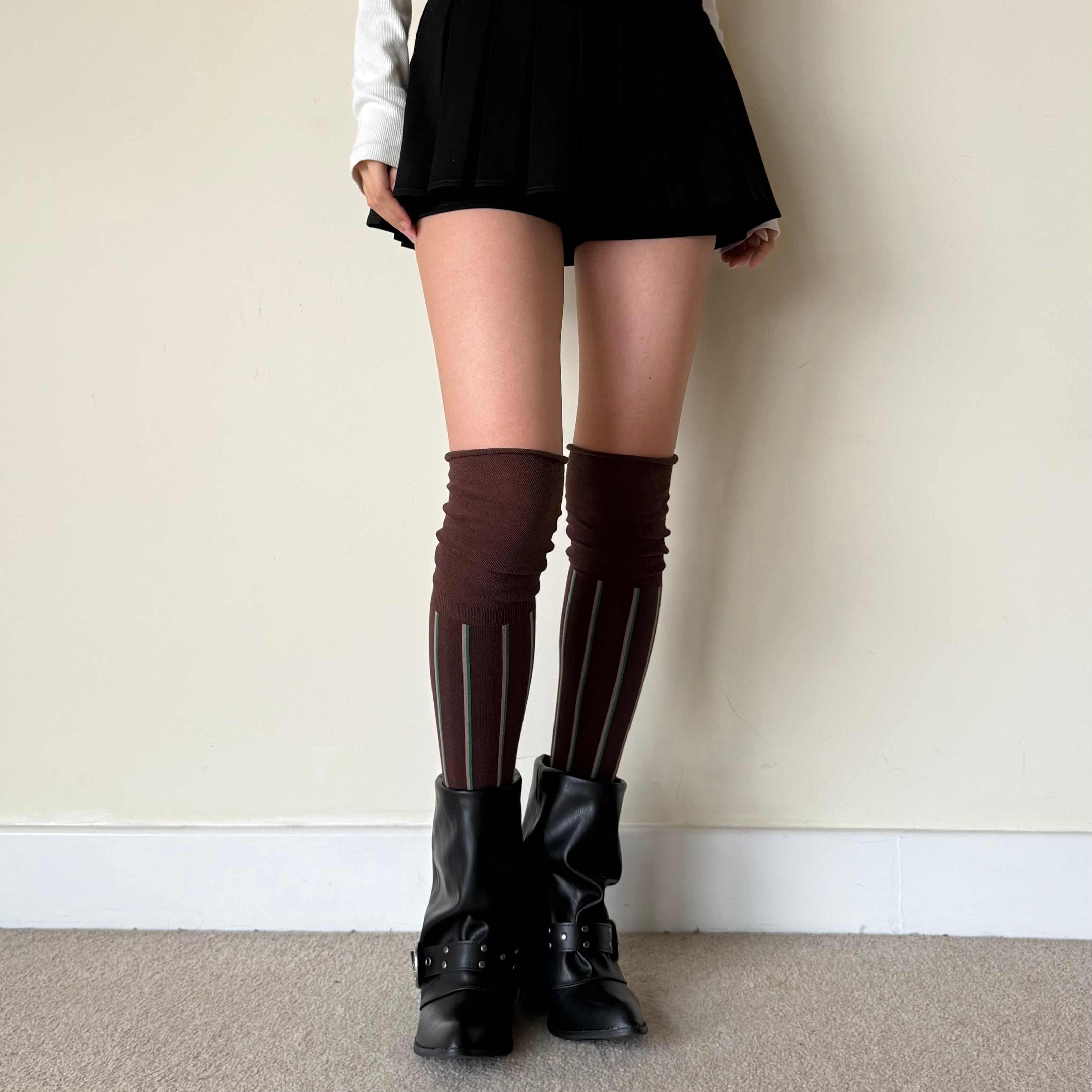 Chocolate Brown Slouchy Over-the-Knee Socks with Stripe Detail