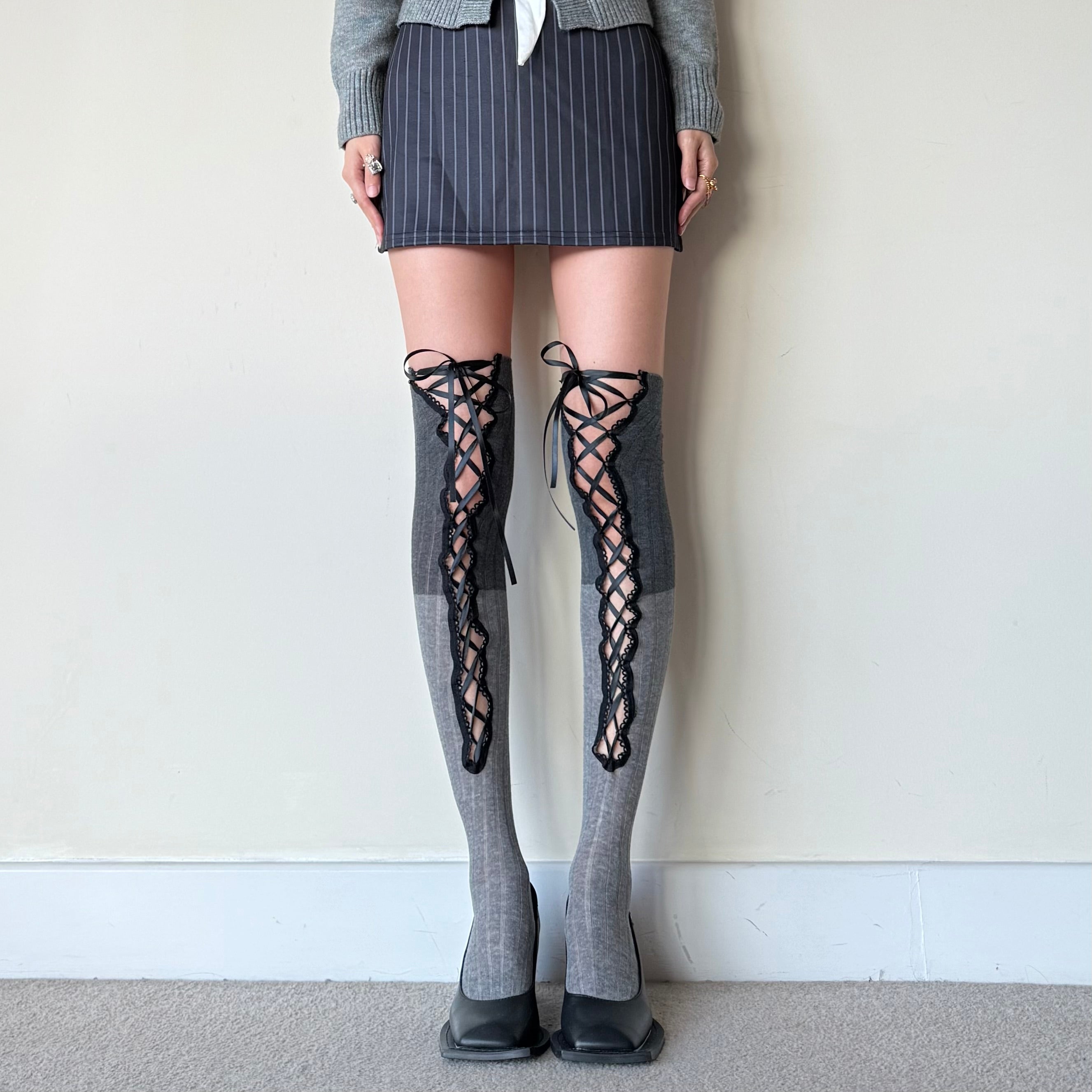 Two-Tone Grey & Silver Corset Lace-Up Thigh High Cotton Socks