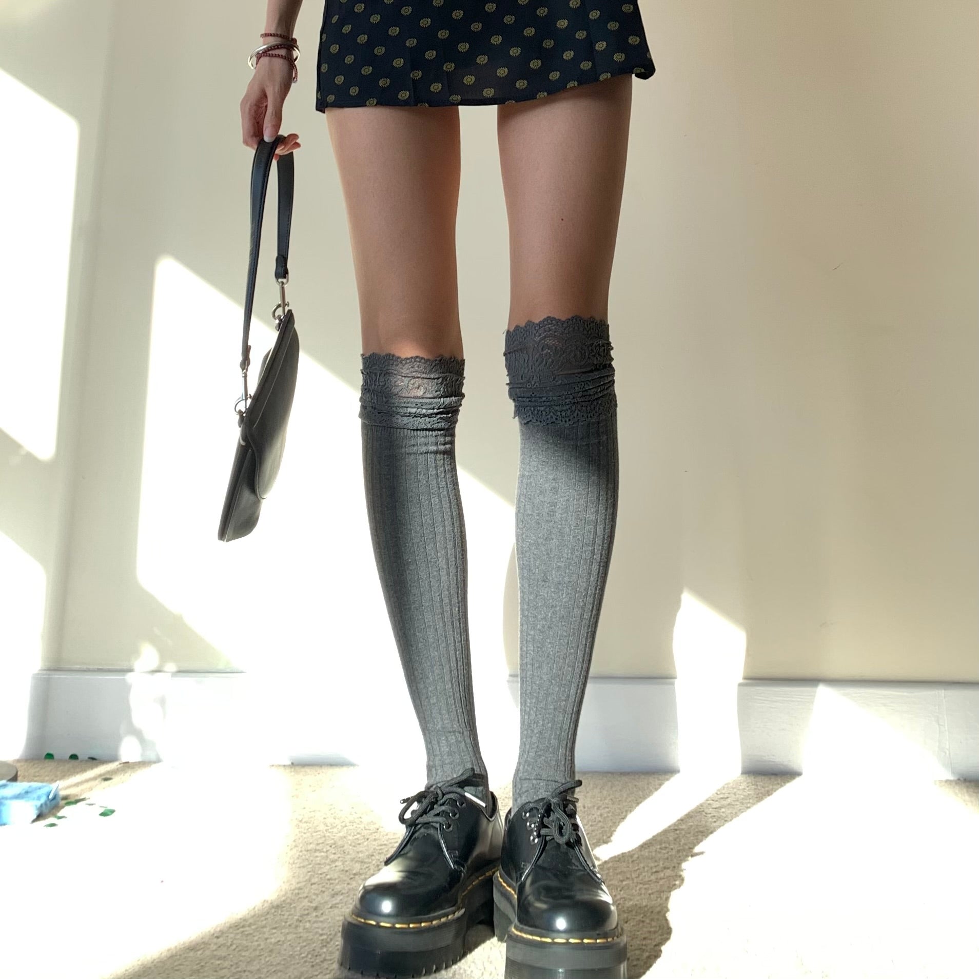 Grey Knee-High Cotton Socks with Floral Lace Trim