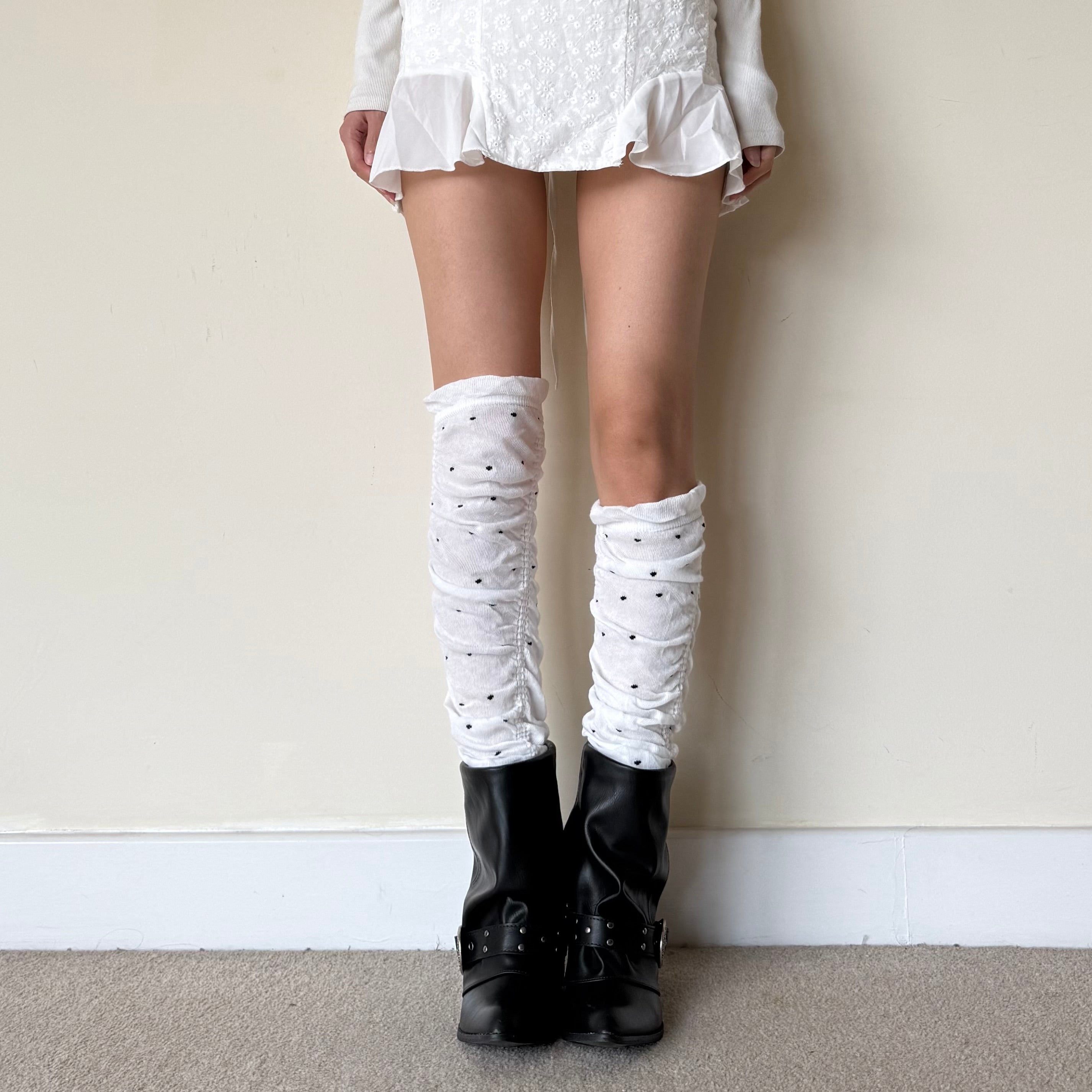 White Sheer Polka Dot Ruched Leg Warmers (approx. 62 cm)