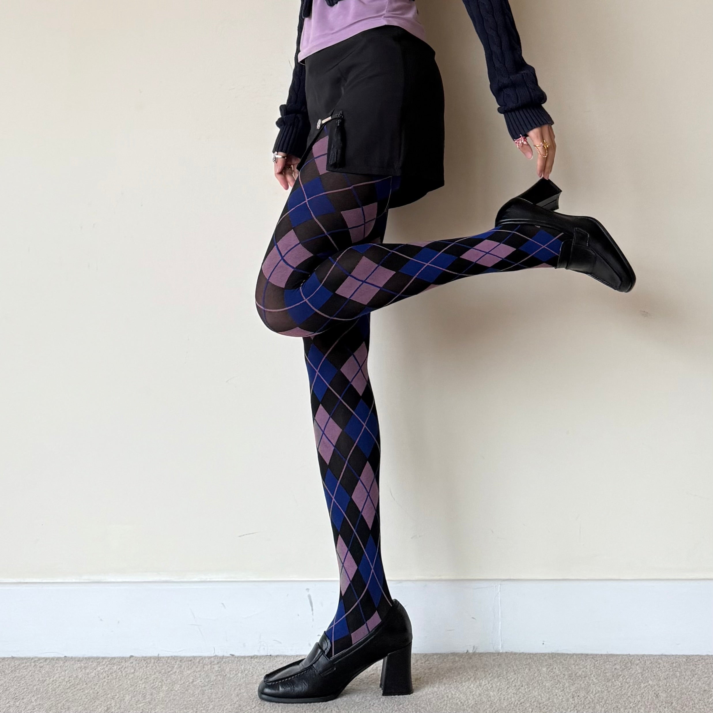 Black Blue & Mauve Argyle Velvet Tights 50D