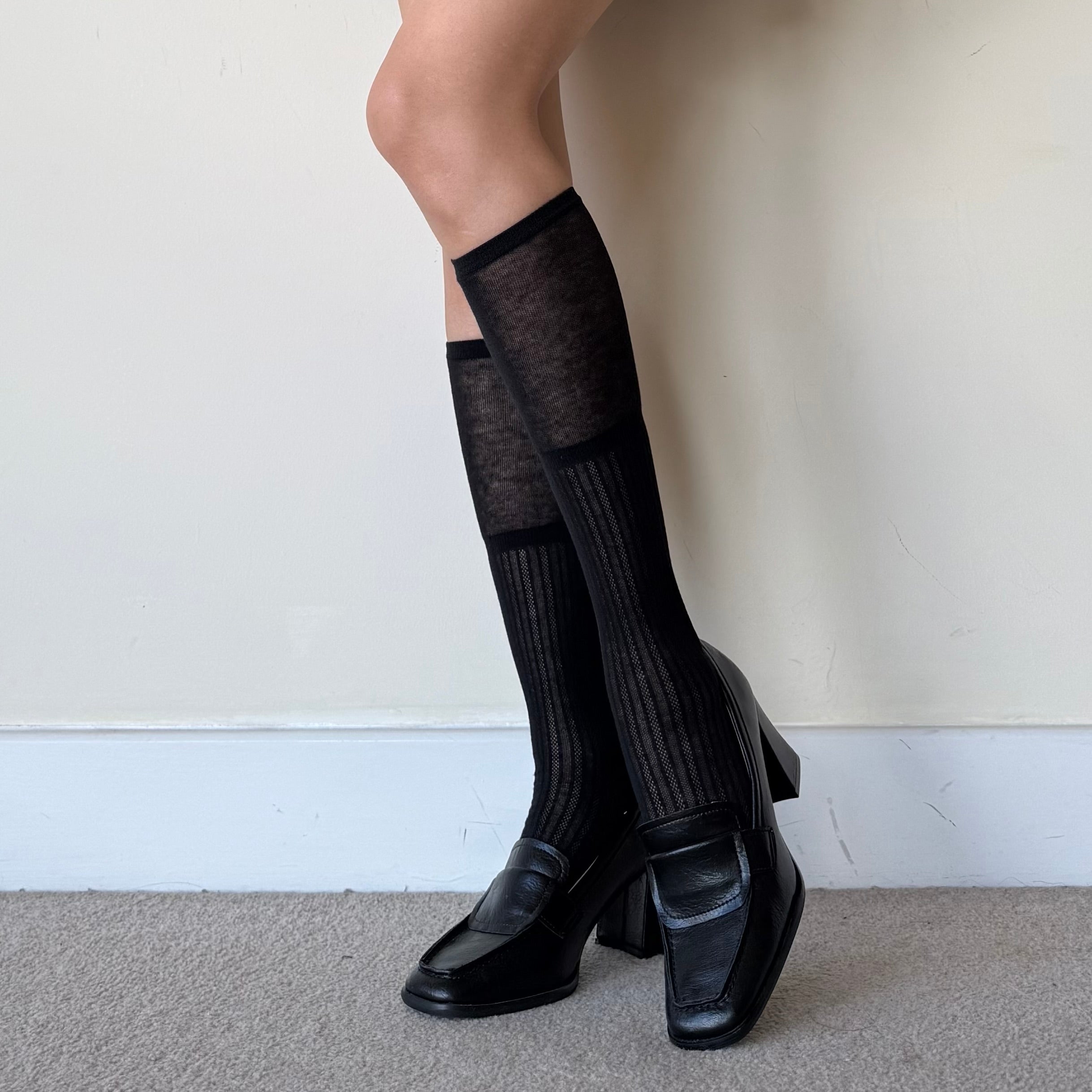 Black Ribbed Combed Cotton Knee-High Socks