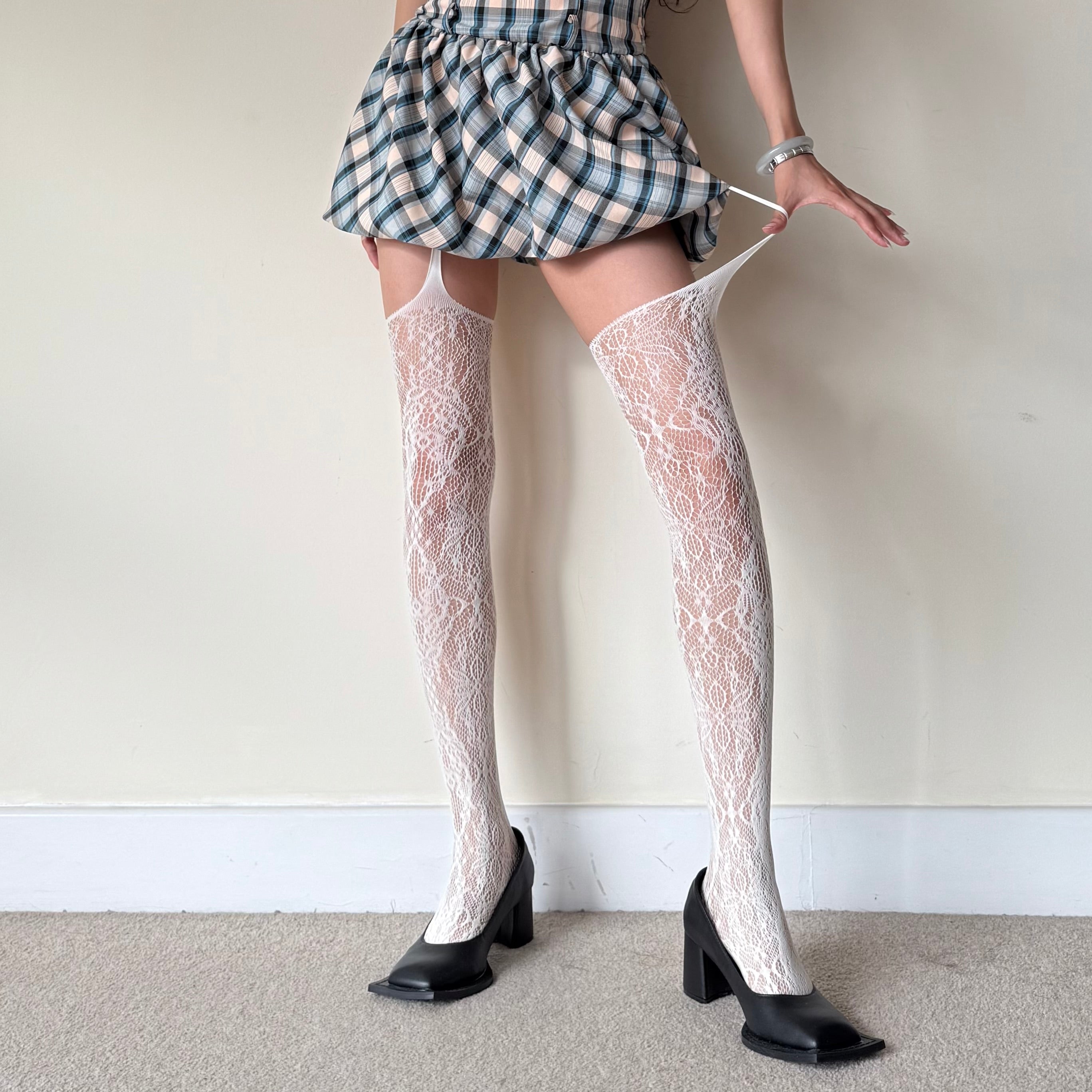 White Floral Fishnet Suspender Tights