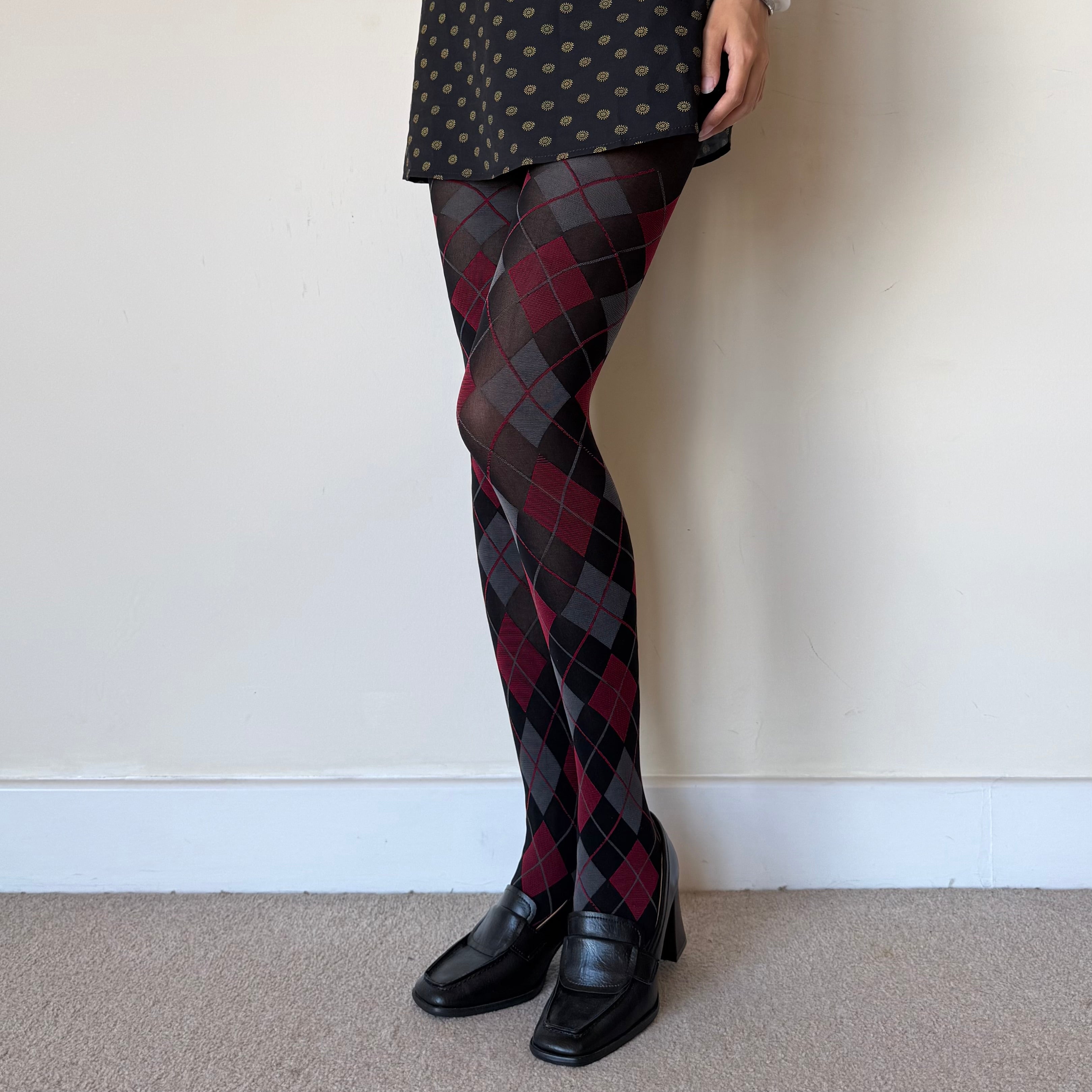 Burgundy Grey & Black Argyle Pattern Tights 50D