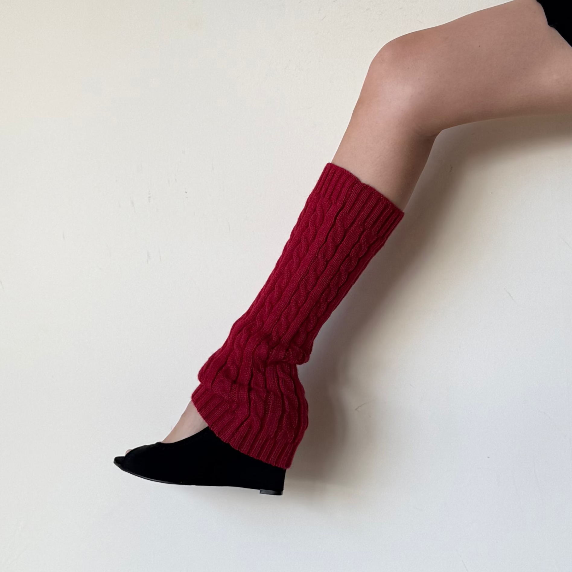 Crimson Red Cable-Knit Leg Warmers