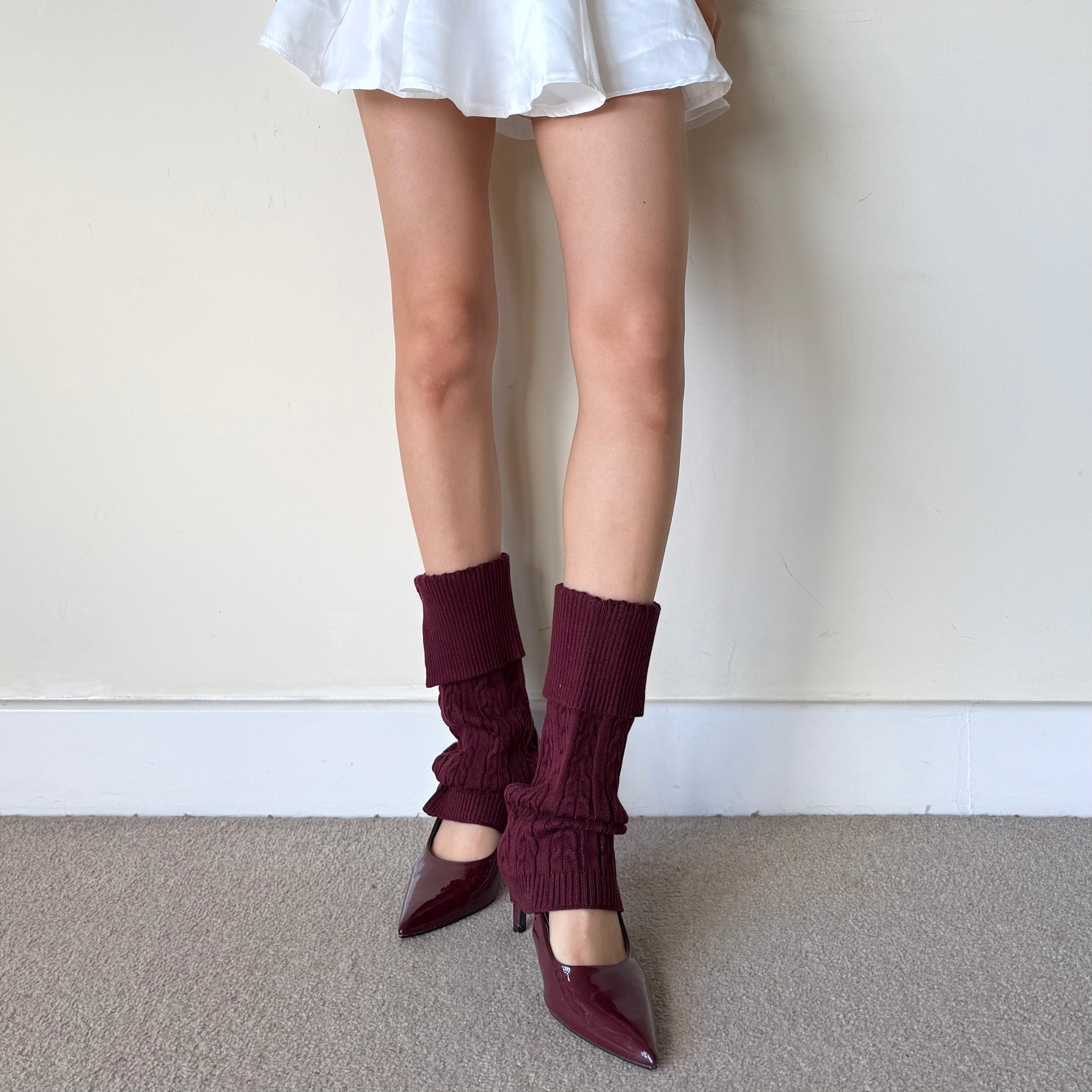 Burgundy Cable-Knit Fold-Over Button Leg Warmers