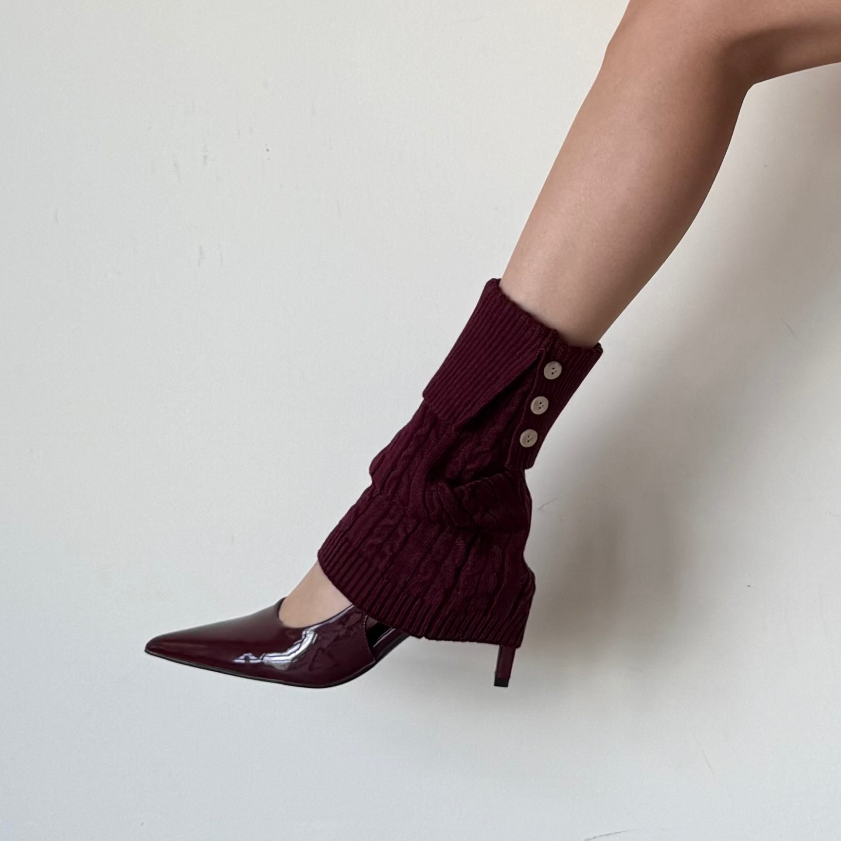 Burgundy Cable-Knit Fold-Over Button Leg Warmers