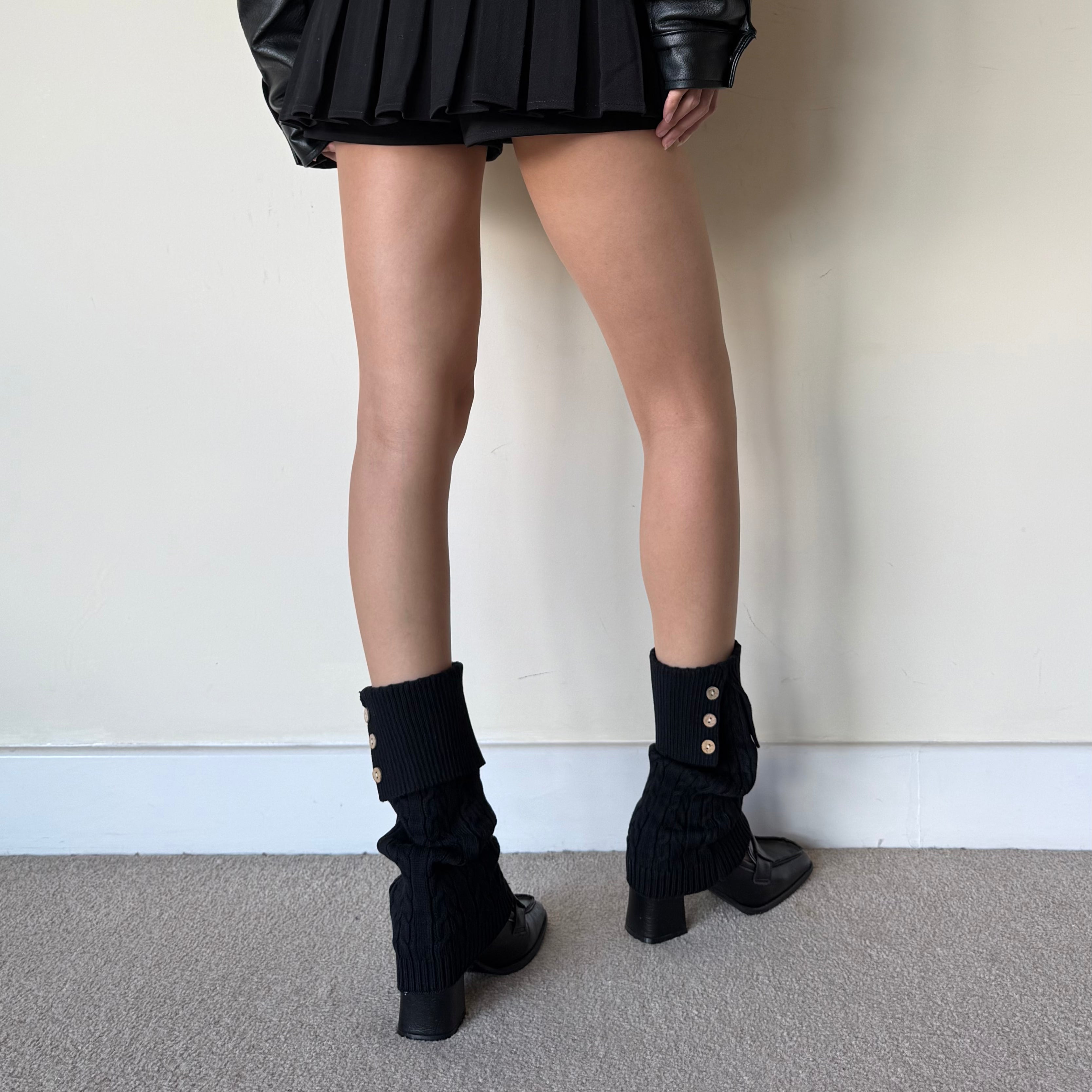 Black Cable-Knit Fold-Over Button Leg Warmers