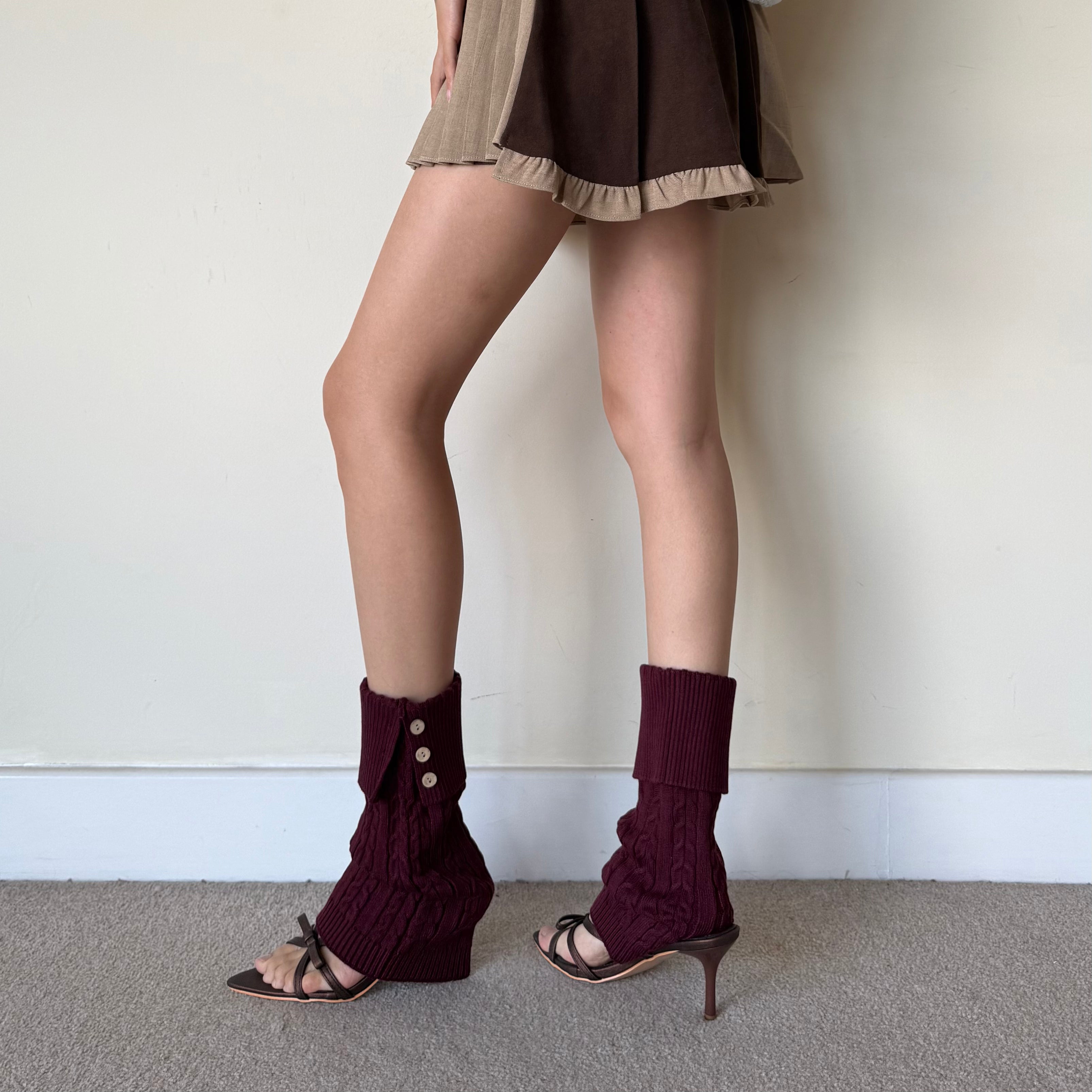 Burgundy Cable-Knit Fold-Over Button Leg Warmers