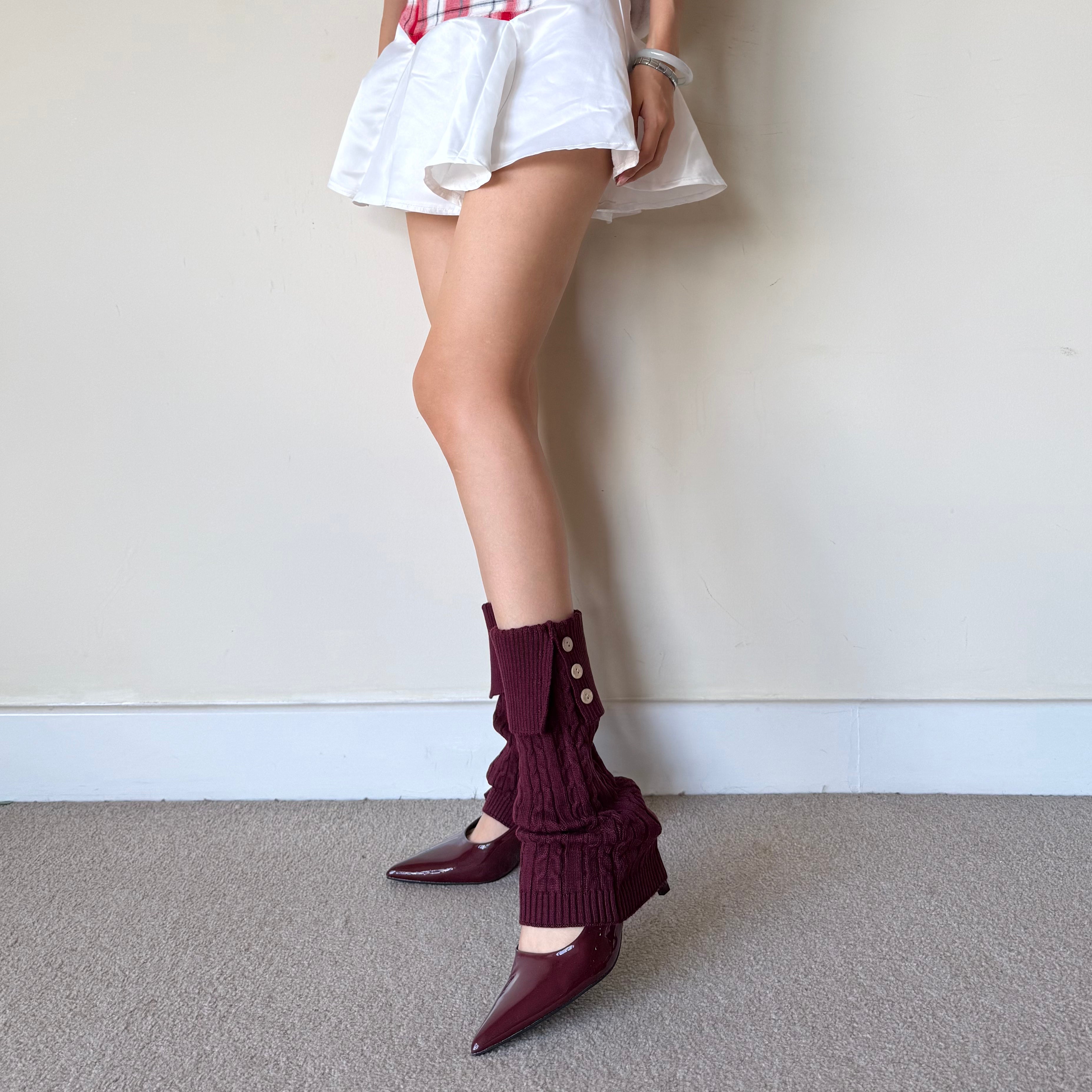 Burgundy Cable-Knit Fold-Over Button Leg Warmers