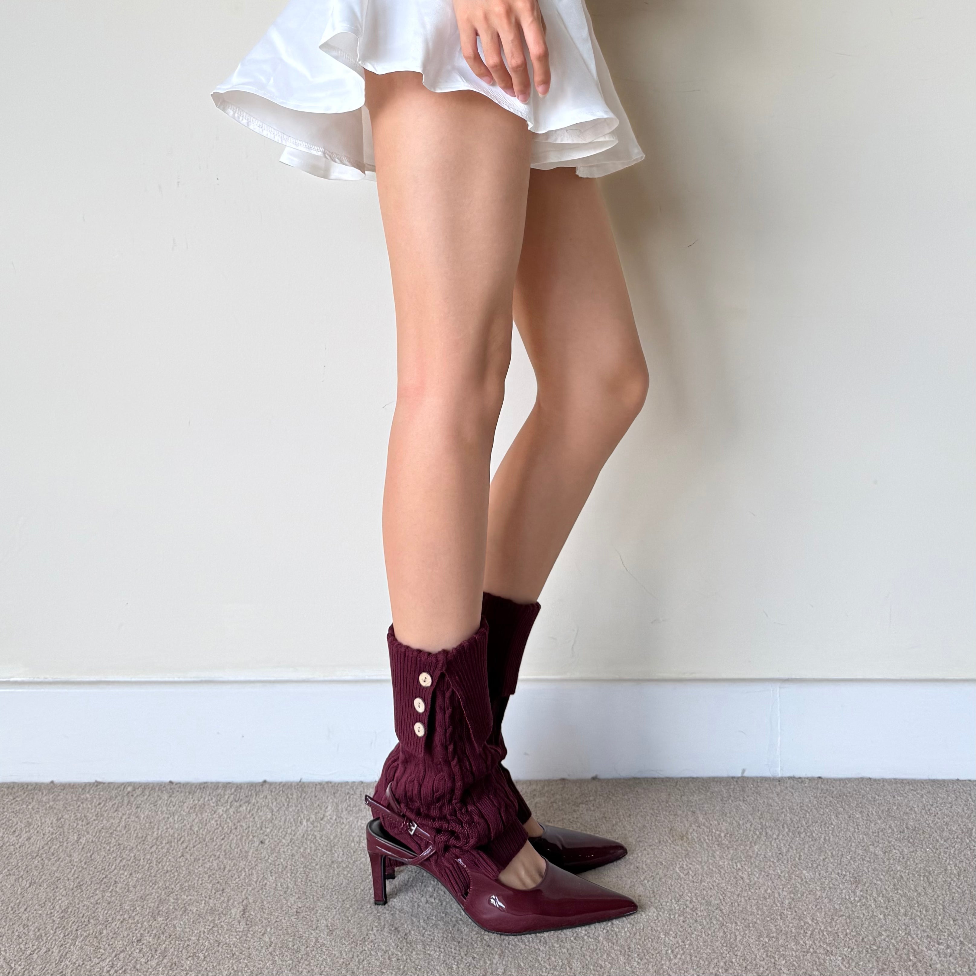 Burgundy Cable-Knit Fold-Over Button Leg Warmers
