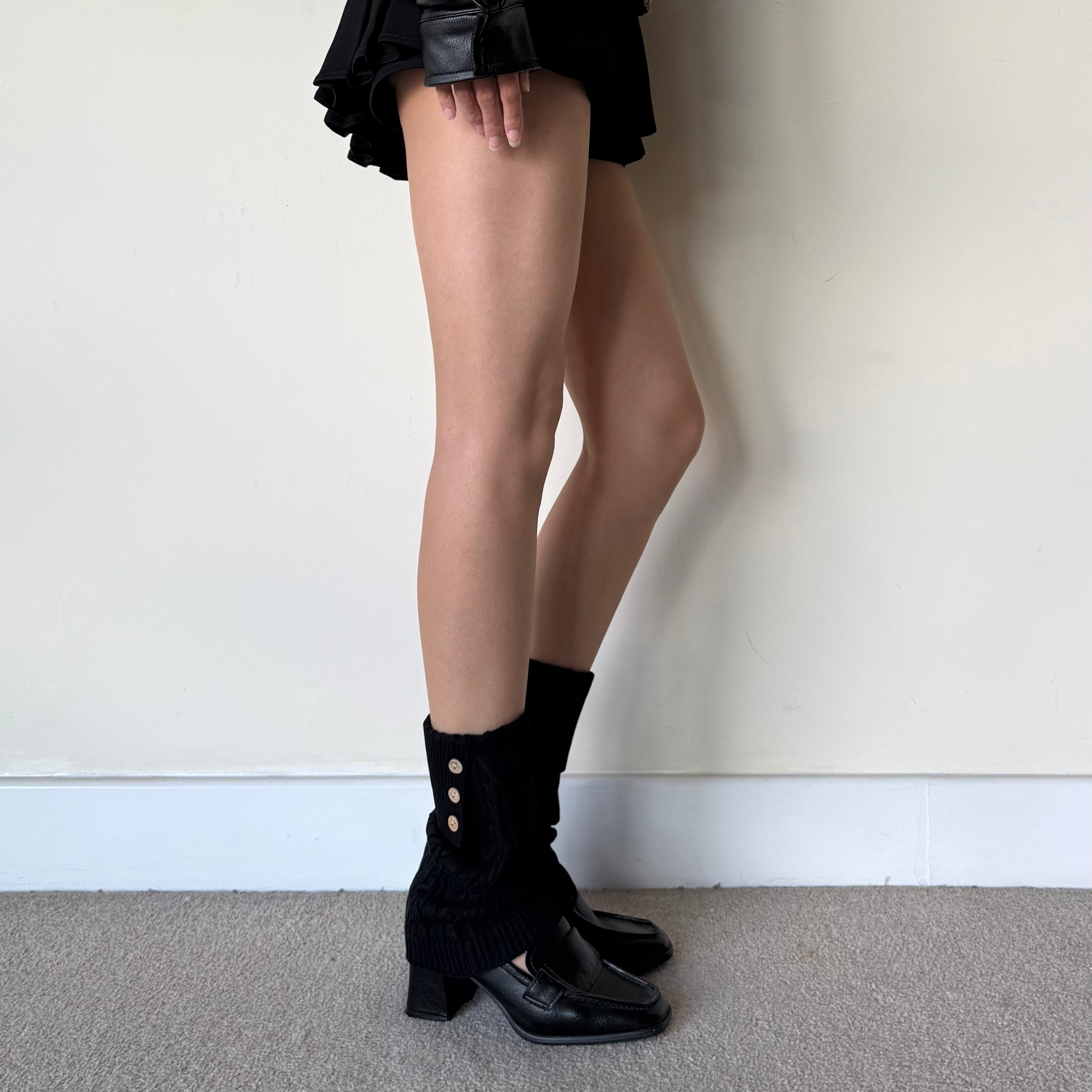 Black Cable-Knit Fold-Over Button Leg Warmers