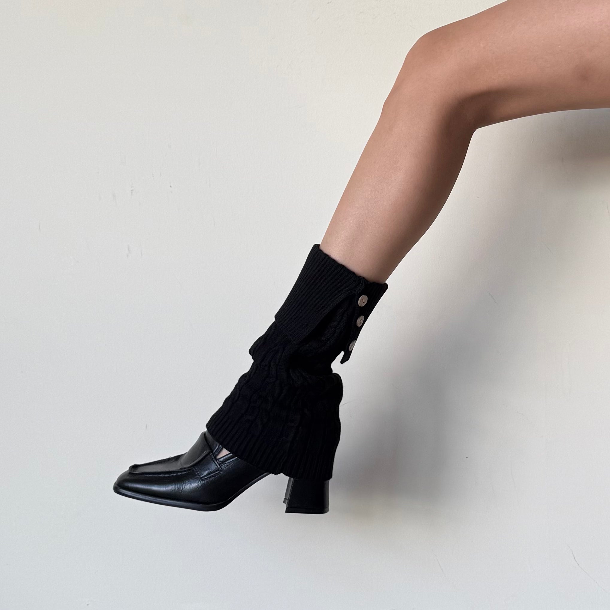 Black Cable-Knit Fold-Over Button Leg Warmers