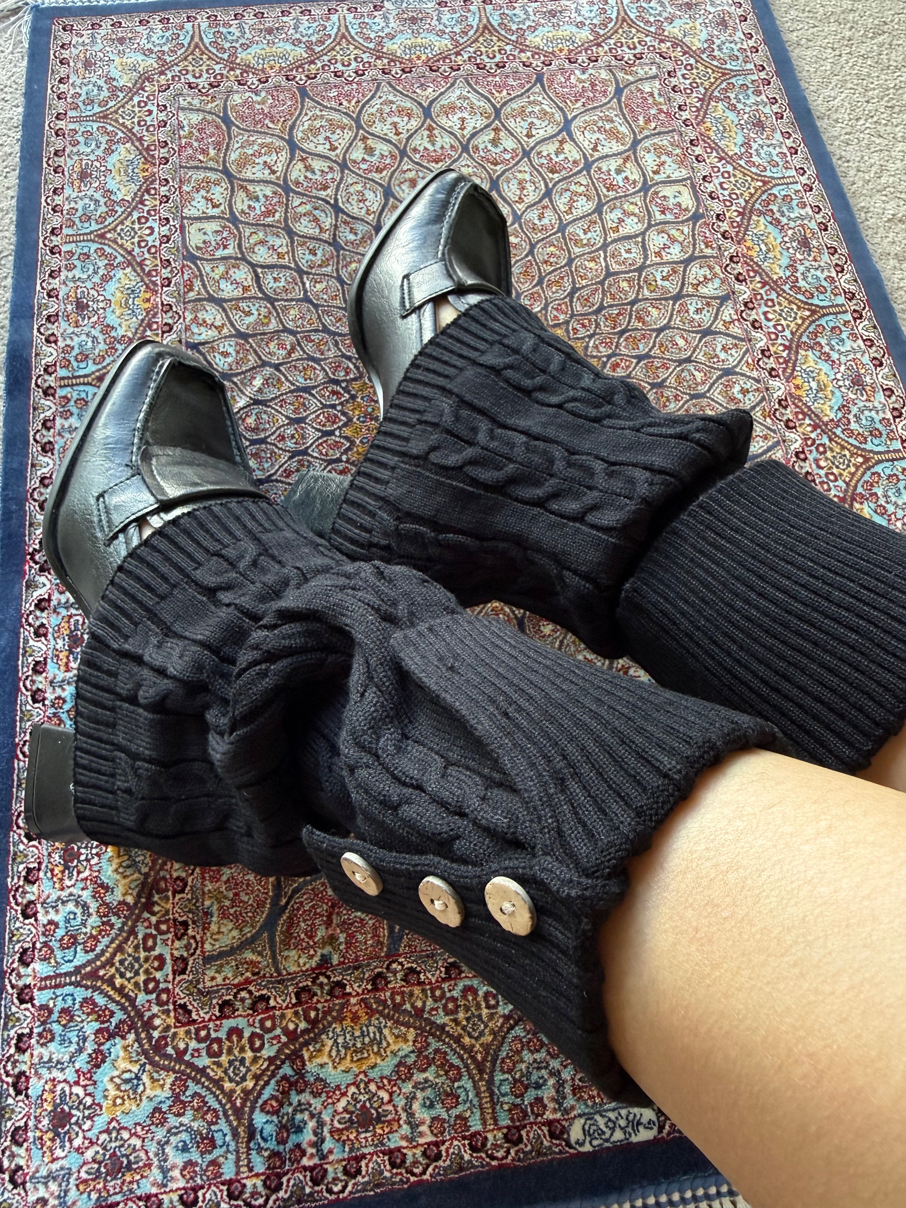 Black Cable-Knit Fold-Over Button Leg Warmers